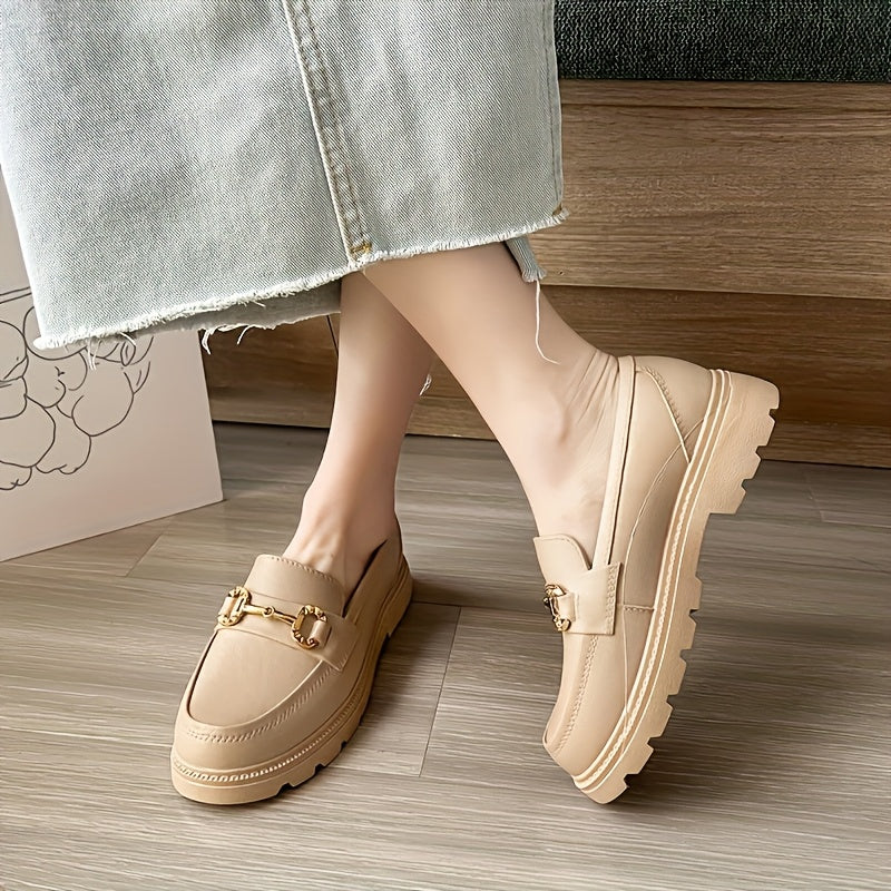 Women Retro Chunky Sole Slip-On Loafers EVA Upper Beige White Casual Shoes