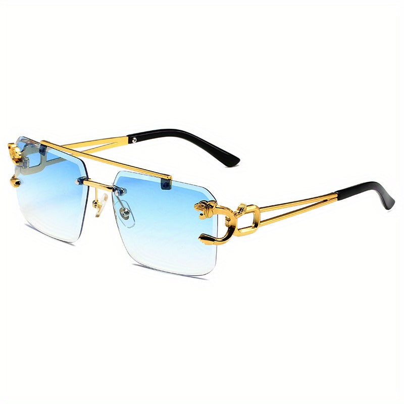 Unisex Rimless Double Bridge Square Metal Glasses with Gold Leopard Temples