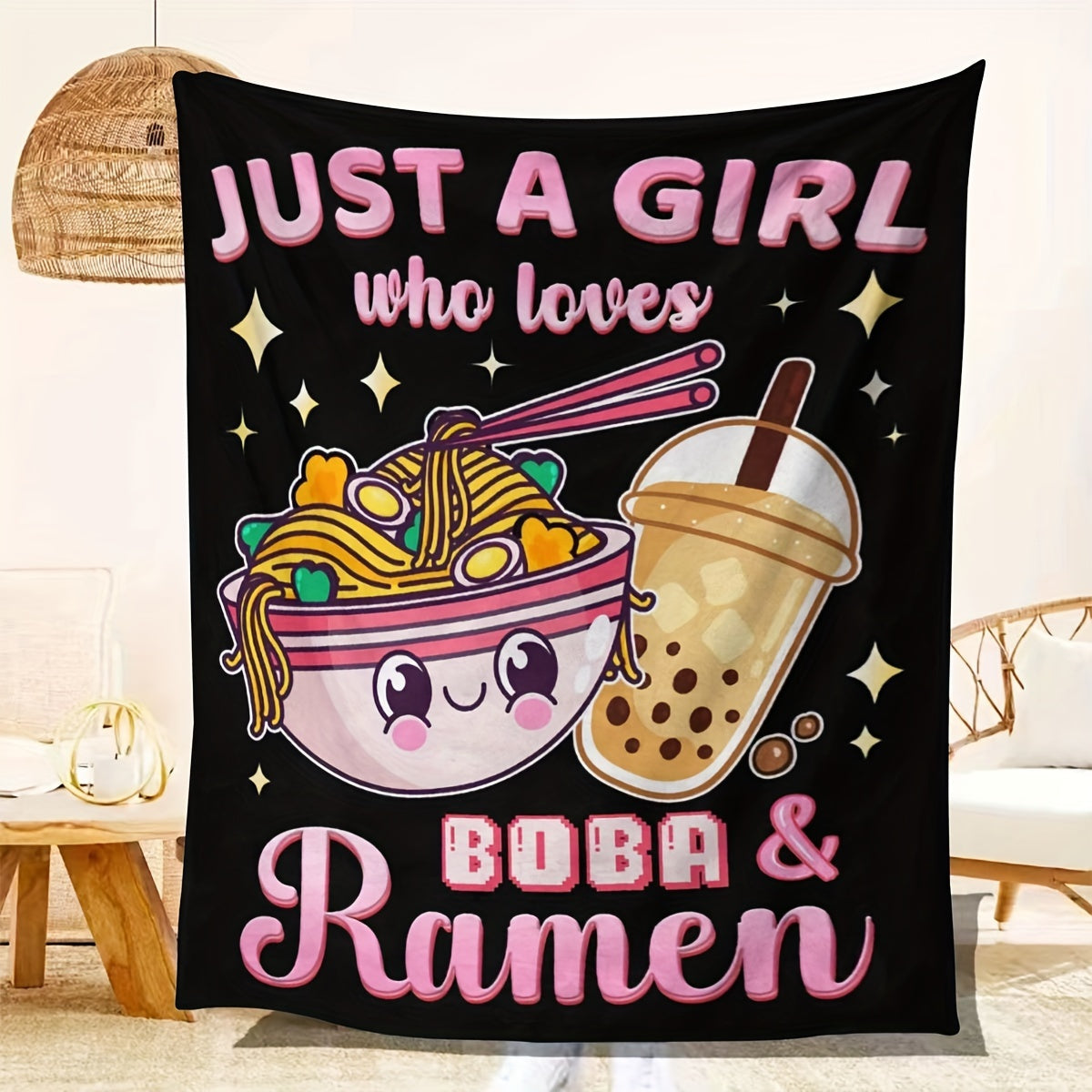 Подарочный набор: Плед Рамен Боба - Оставайтесь теплыми и уютными с этим милым пледом для мальчиков и девочек - Мягкий плюшевый черный плед с принтом для Рождества, кровати, дивана и путешествий