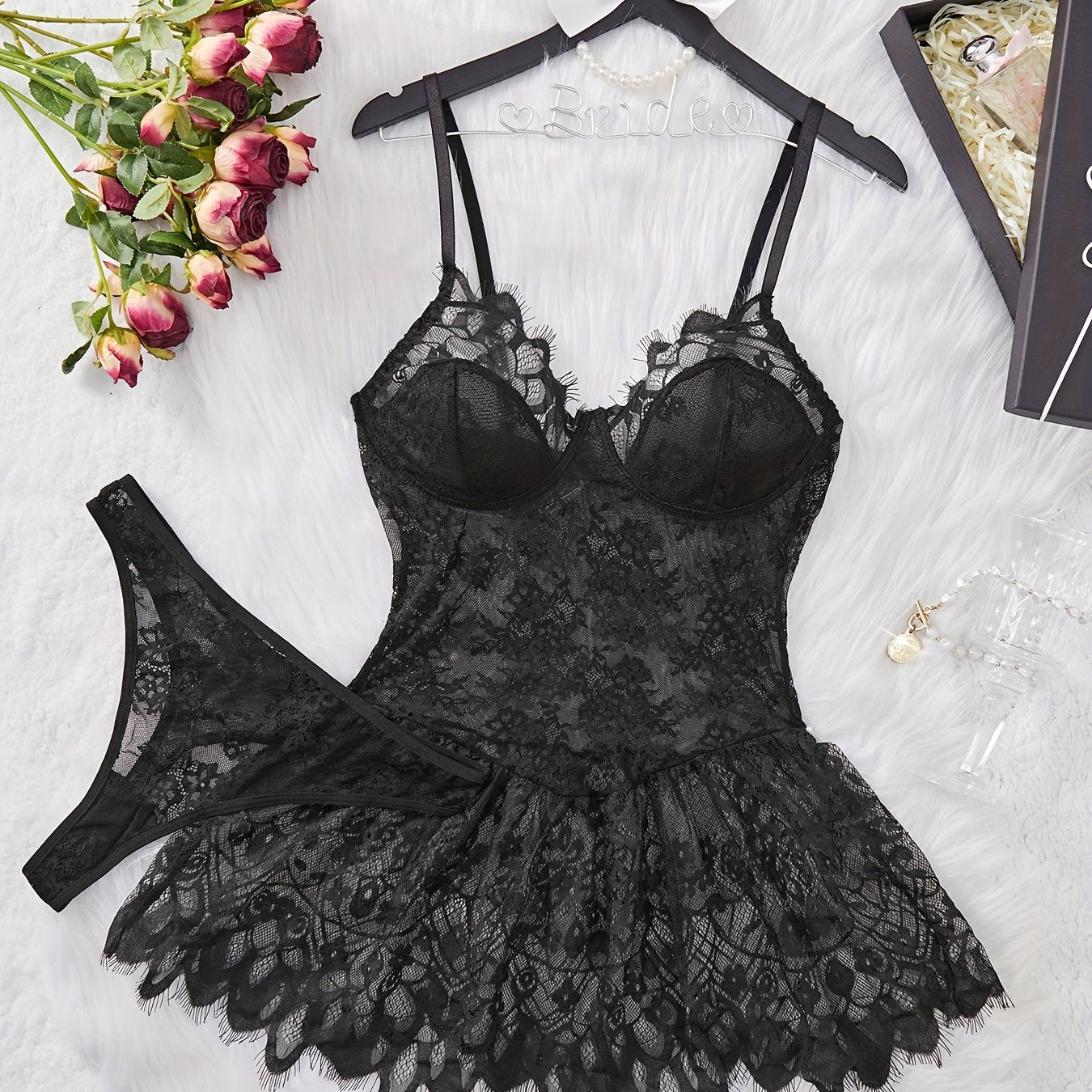 Women's Satin Sleepwear Set with Lace Trim and Adjustable Straps