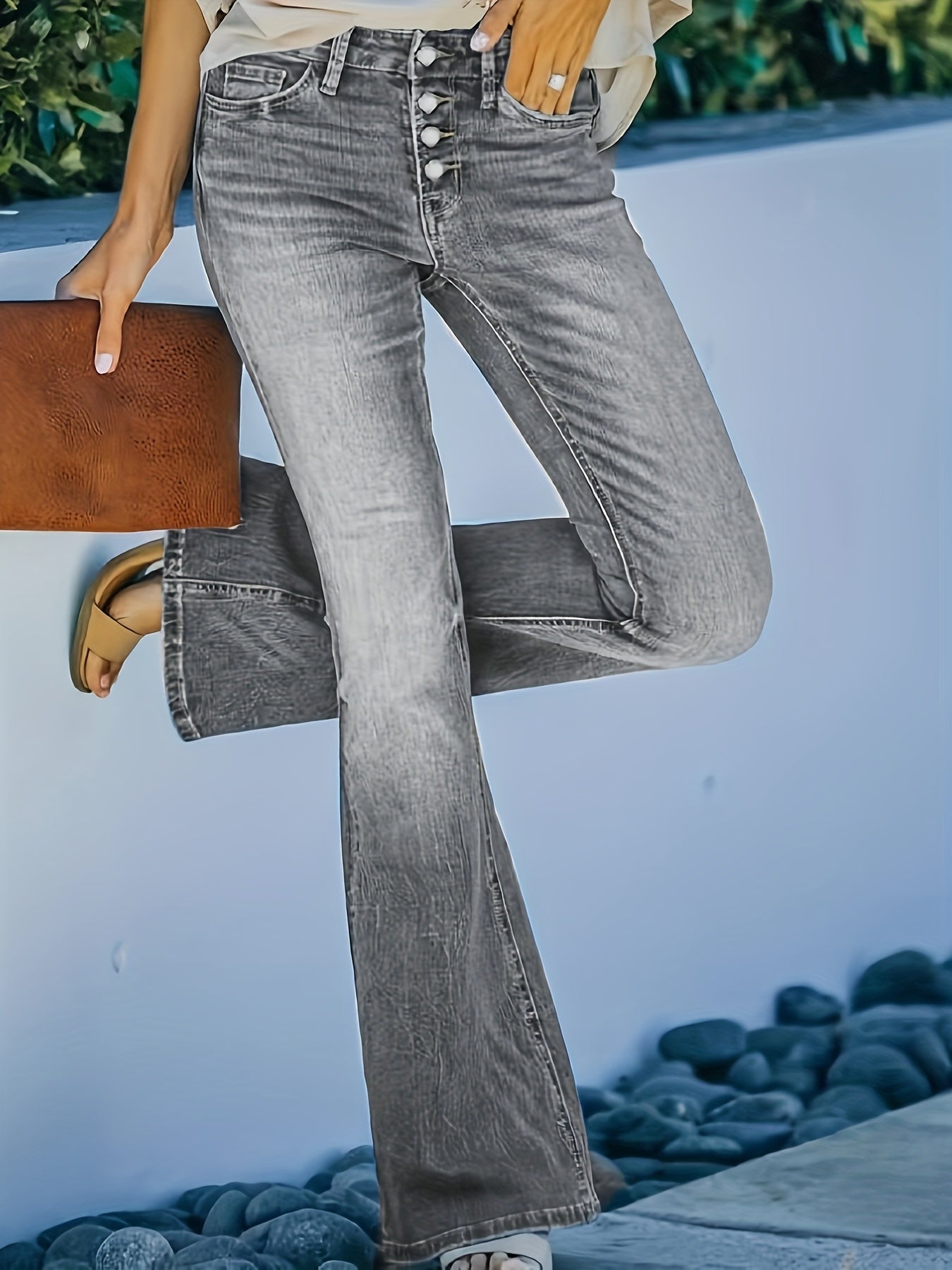 Women Large Size Elastic Trumpet Trousers Black Waist Casual Wear