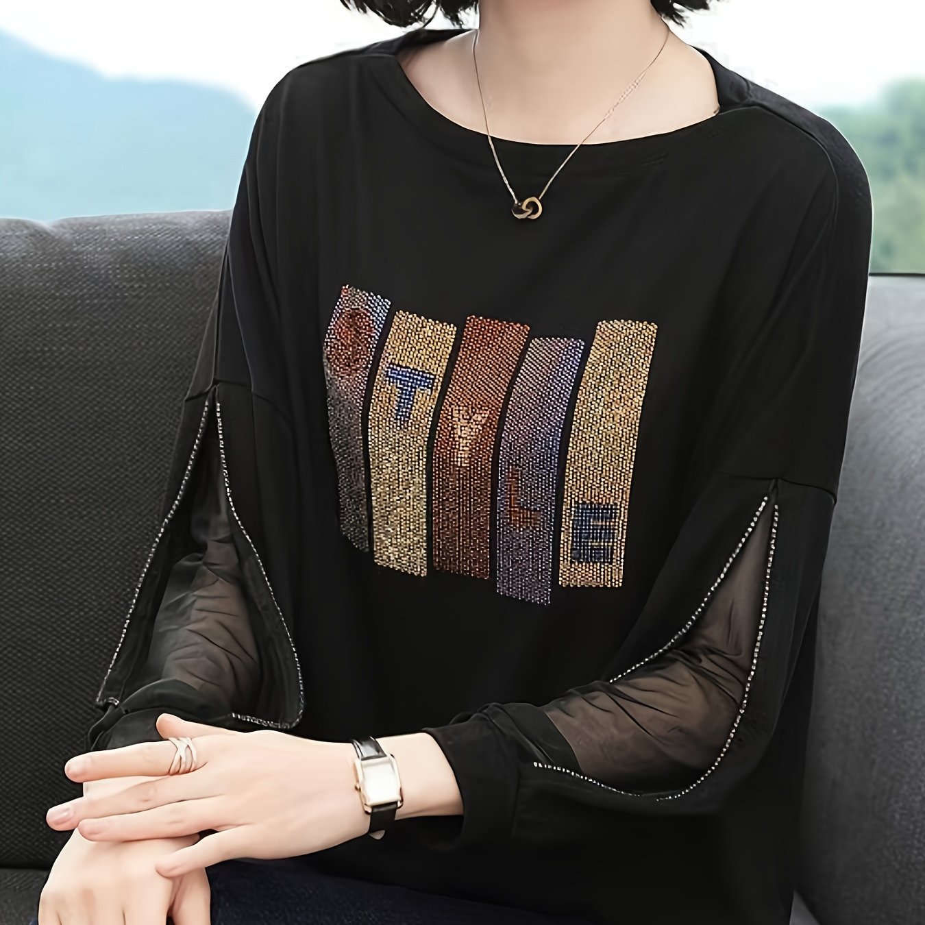 Women's Rhinestone Embellished Loose Fit Blouse with Letter Pattern Polyester Knit Mesh Panels Spring Fall