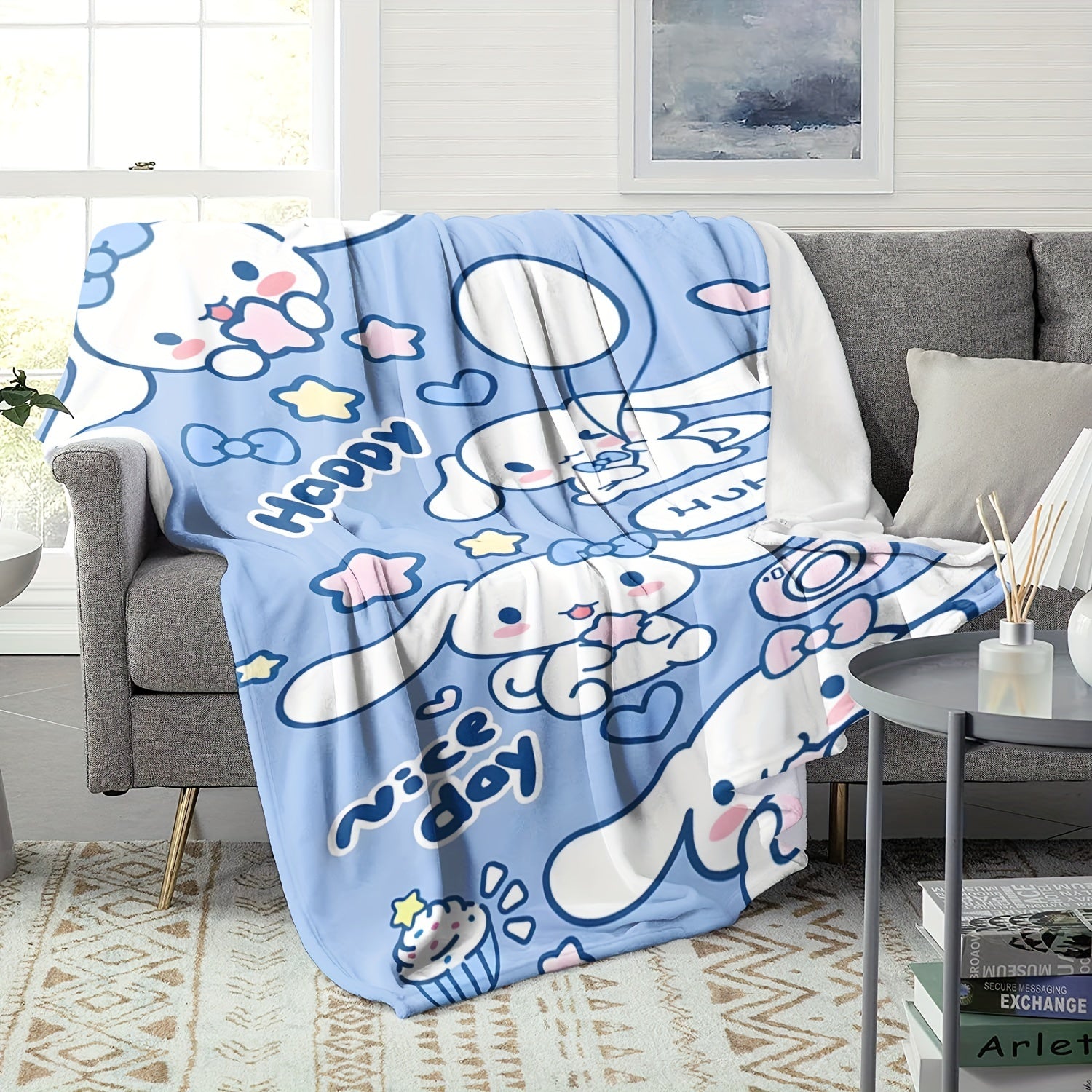 Soft Warm Cinnamoroll Plush Flannel Throw Blanket Cozy Cartoon Print for Bedroom Living Room Camping
