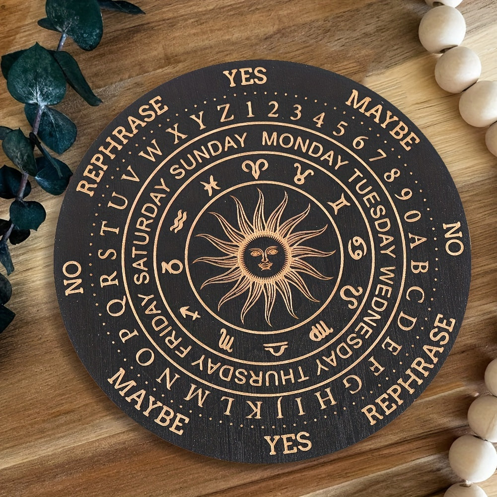 Art Deco Wooden Divination Meditation Coaster with Zodiac Sun Pendulum Board and Crystal Stand