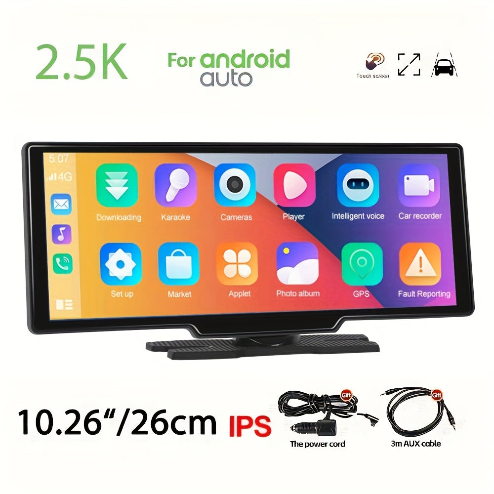 Monitor de coche portátil de 10.26 pulgadas con DVR y cámara trasera, compatible con Android Auto