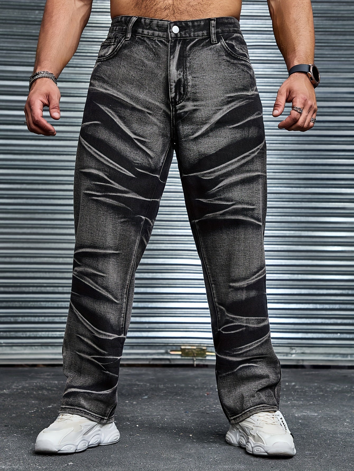 Men's Plus Size Tie Dye Denim Pants with Pockets Casual Cotton Blend Straight Leg