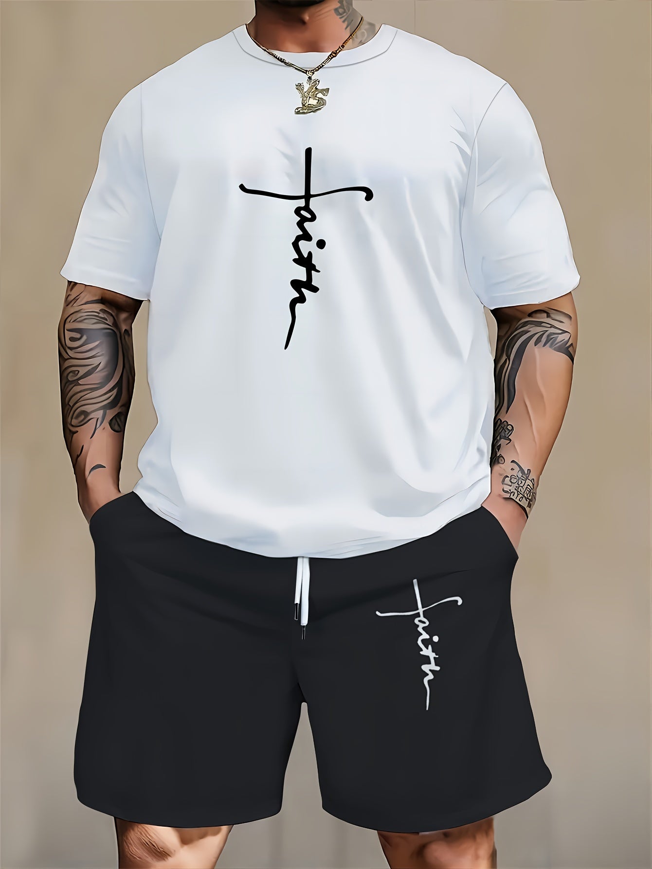 Men's Plus Size Casual Sports Set Polyester Knit with Cartoon Print Crew Neck T-Shirt and Shorts