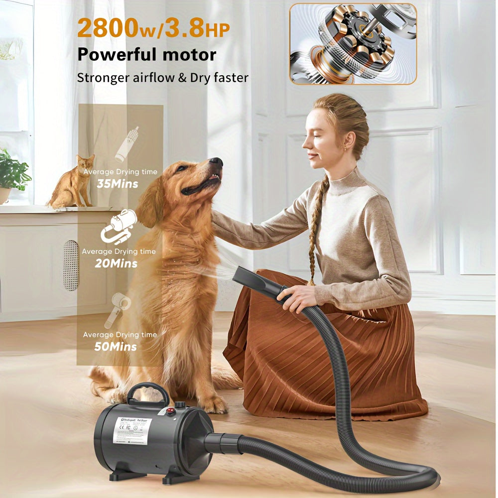 Professional Dog Hair Dryer 2800W with Adjustable Heat and Speed Includes 4 Nozzles