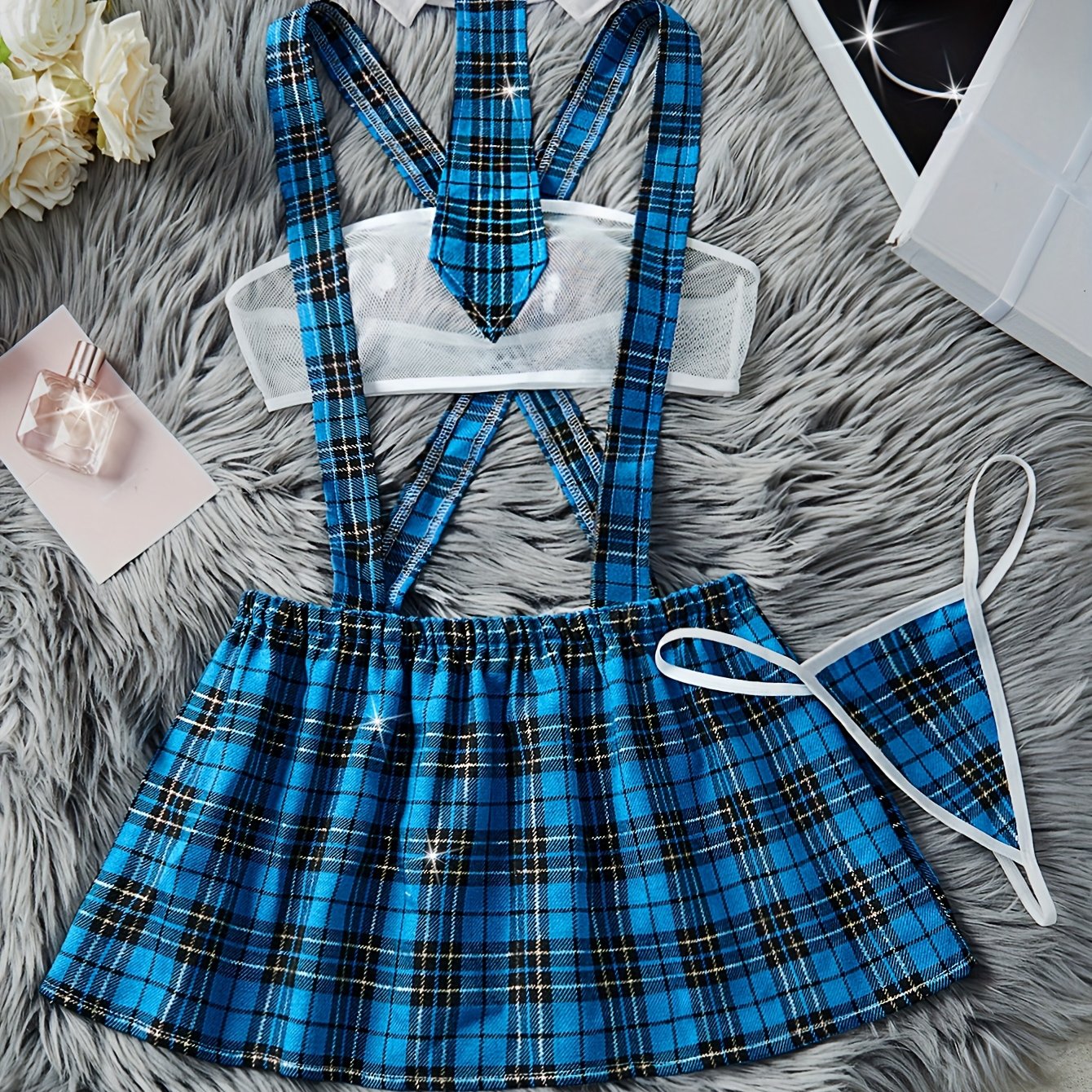 Women's Color Block Plaid Lingerie Set with Strapless Bra Suspender Skirt and Thong