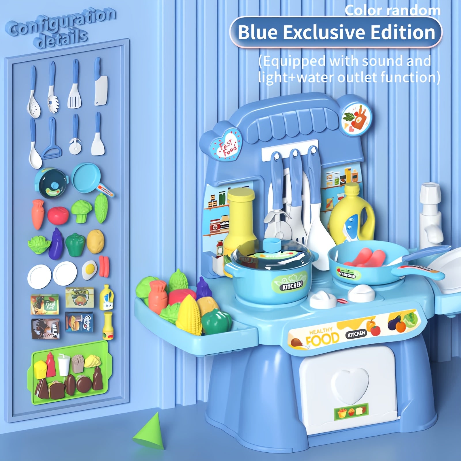 Pink Kids Kitchen Toy Set with Light and Sound, Food and Utensils, 3+