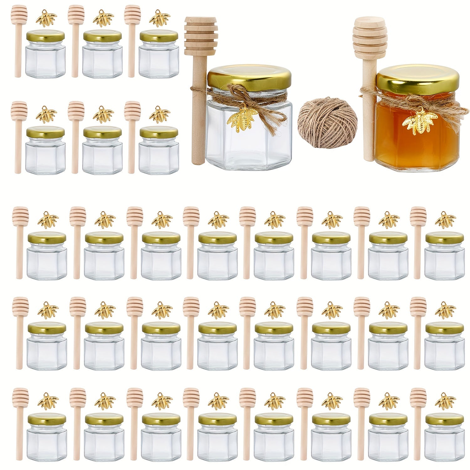 1.5 oz li 20 ta to'plamli olti burchakli mini shisha asal idishlari, yog'och cho'mich, oltin qopqoq, asalari pendanti va jute. Bolalar to'ylariga, to'y sovg'alari va partiya sovg'alari uchun ideal.