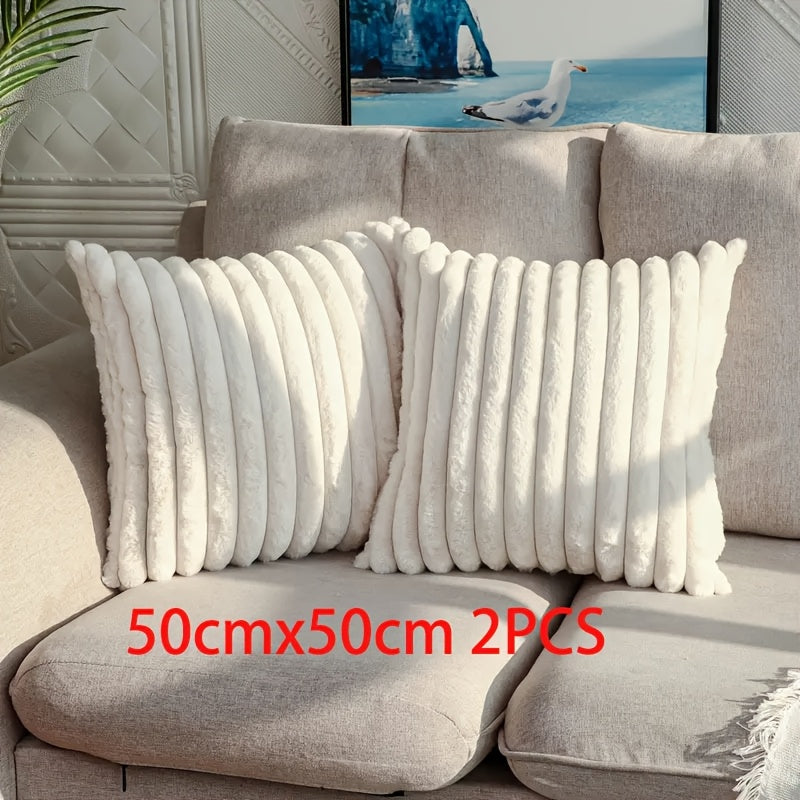 2 Pack Faux Fur Plush Decorative Throw Pillow Covers Cream White Striped for Sofa Couch Bedroom