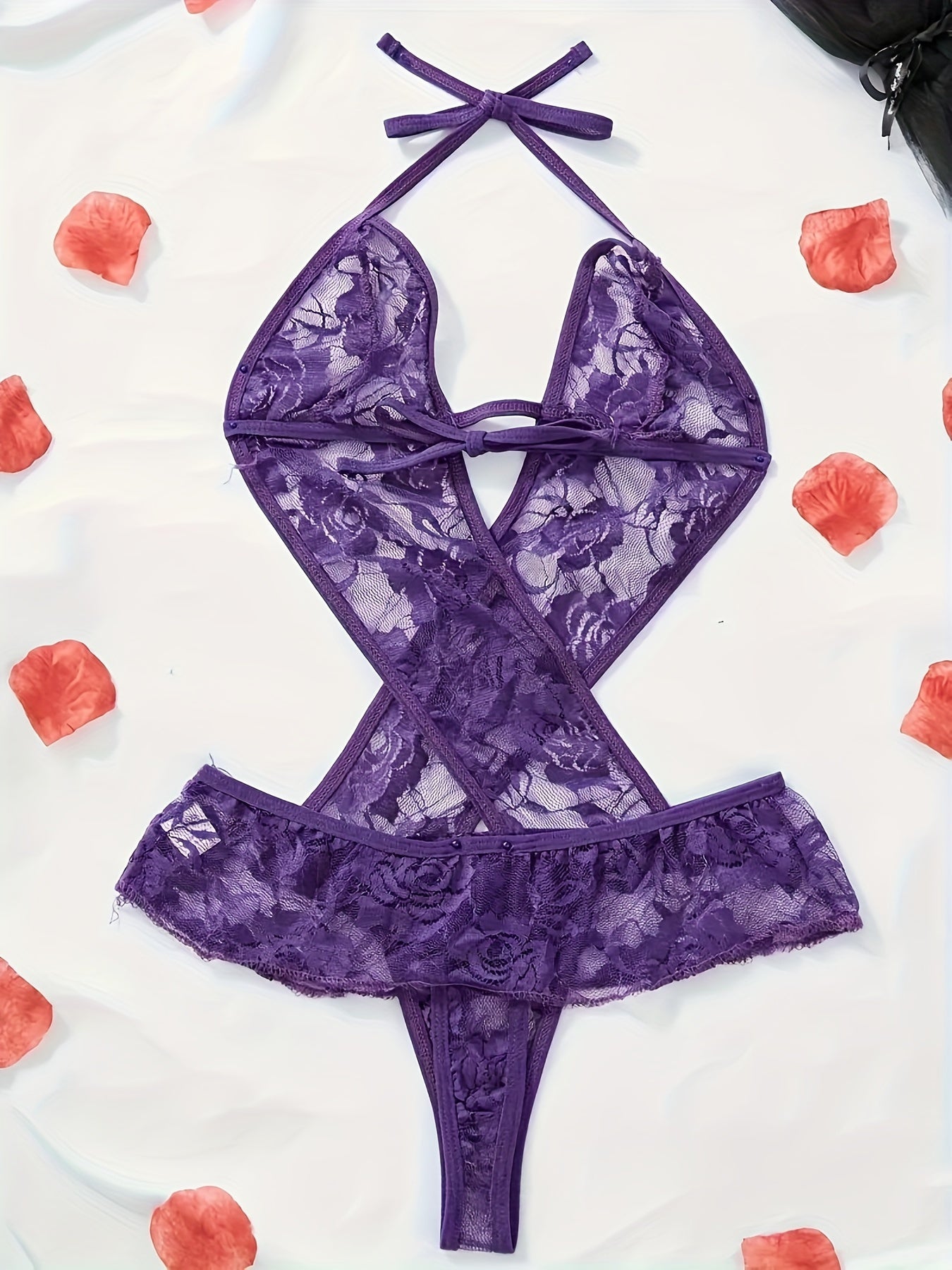 Juda chiroyli, ko'rinadigan dizayni va bo'yin tasmasi bilan sexy dantel bodysuit