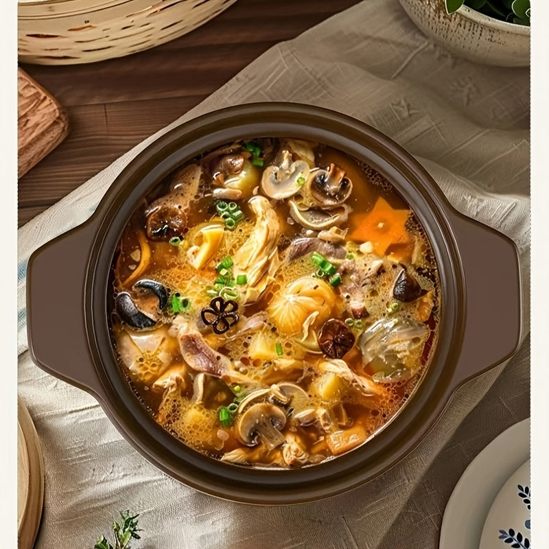 Olla de cerámica marrón de 4600ml con diseño reforzado, compatible con inducción, utensilios de cocina