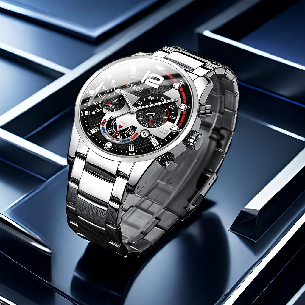 Set of 3 Men's Quartz Watches Stainless Steel Band Analog Calendar Wristwatches for Business and Gifting