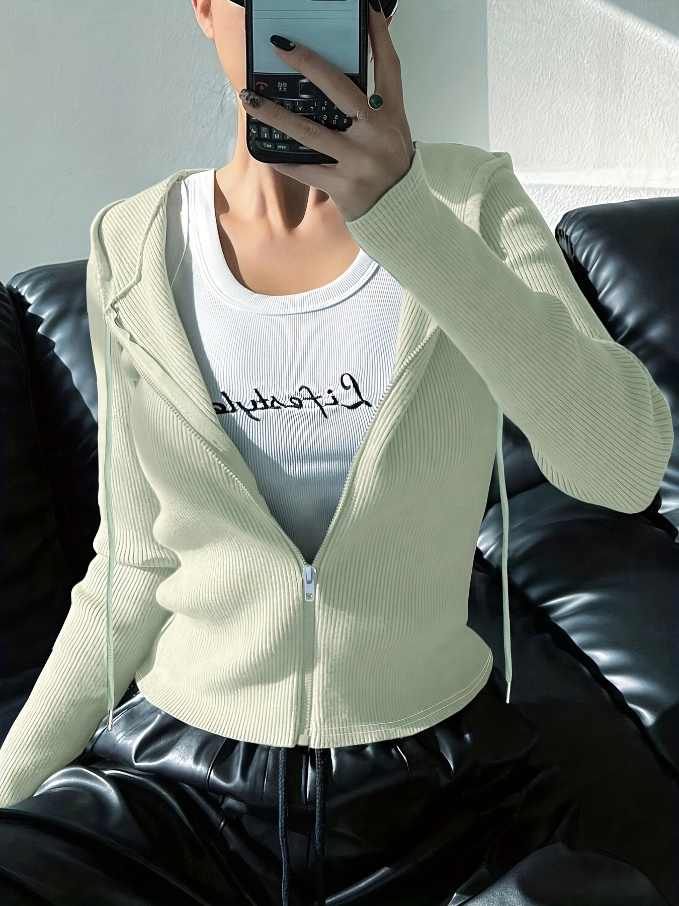 Women's Slim Fit Hooded Jacket with Ribbed Knit Drawstrings and Zipper for Fall Winter