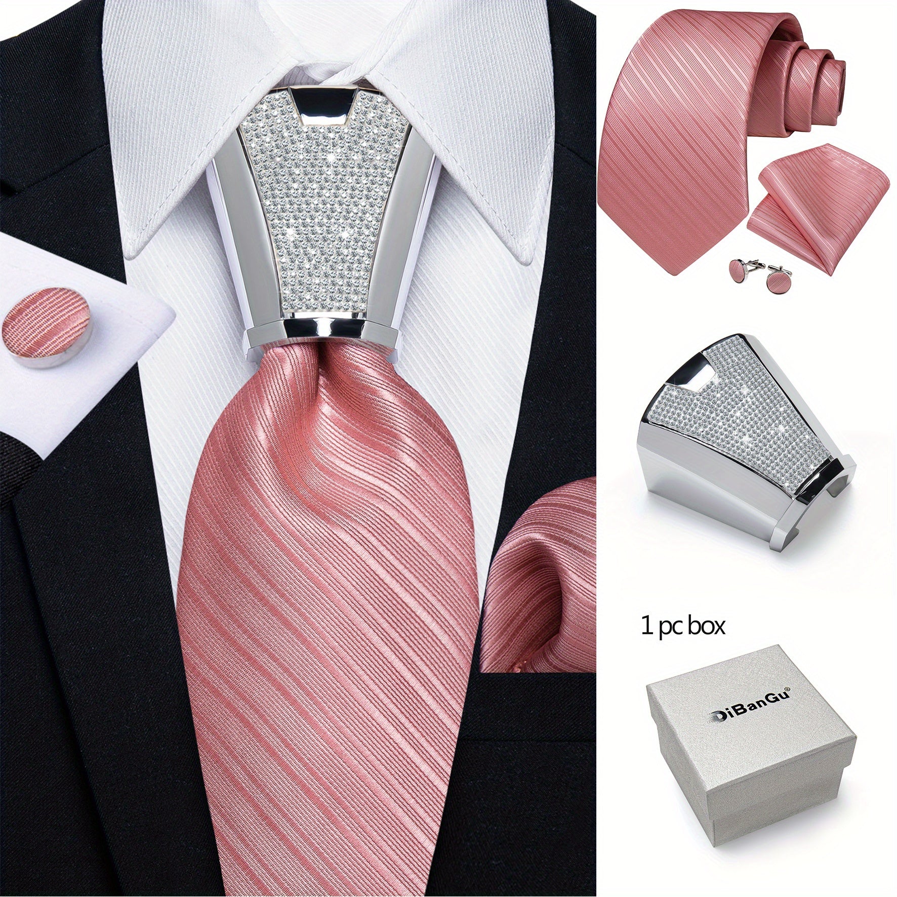 Men's Business Accessory Set with Silver Ring Cufflinks and Handkerchief