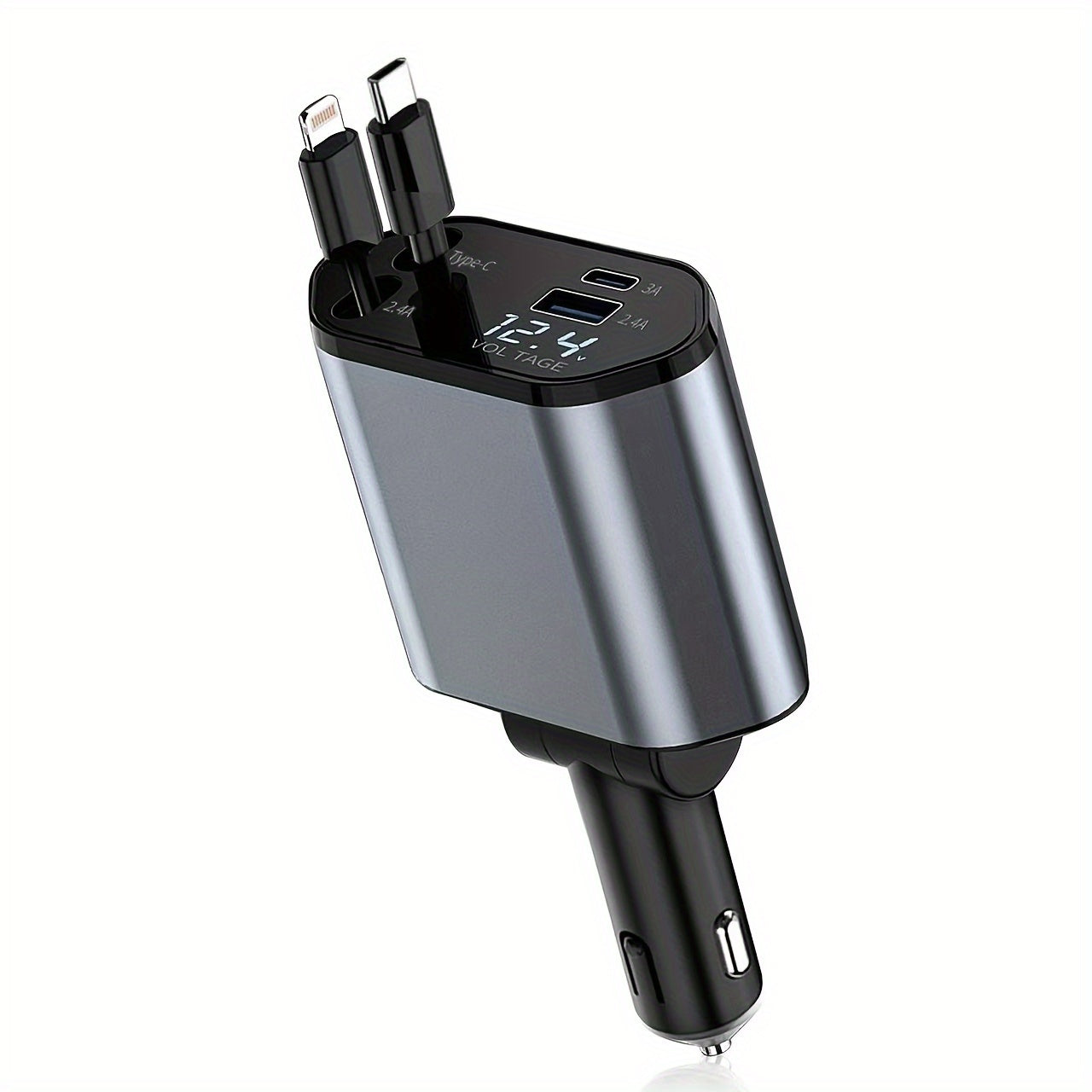 Tez zaryadlovchi, 4-in-1 imkoniyatiga ega, uzaytiriladigan kabel, USB va Type-C portlari bilan. Ko'p telefon modellari bilan mos keladi. O'zgaruvchan ulagich va aralashmasiz dizayn xususiyatlariga ega, dashtbord uchun ideal.