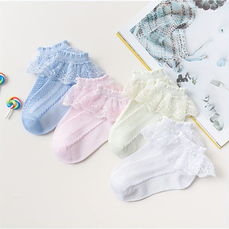 Girls' Crew Socks 4 Pairs Lace Ruffle Trim Breathable Comfortable All-Season