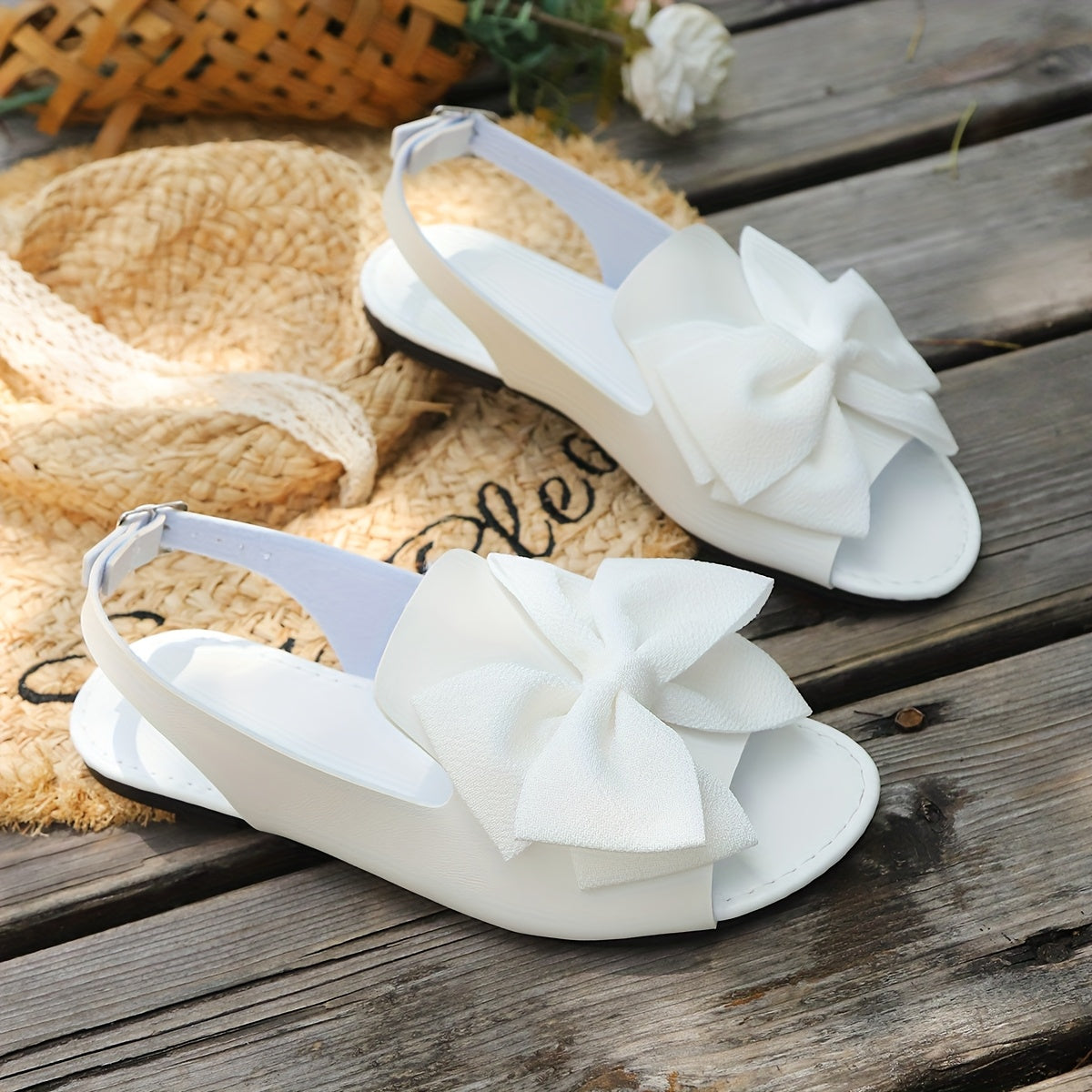 Women's Flat Sandals with Bow Detail Open Toe Adjustable Ankle Strap