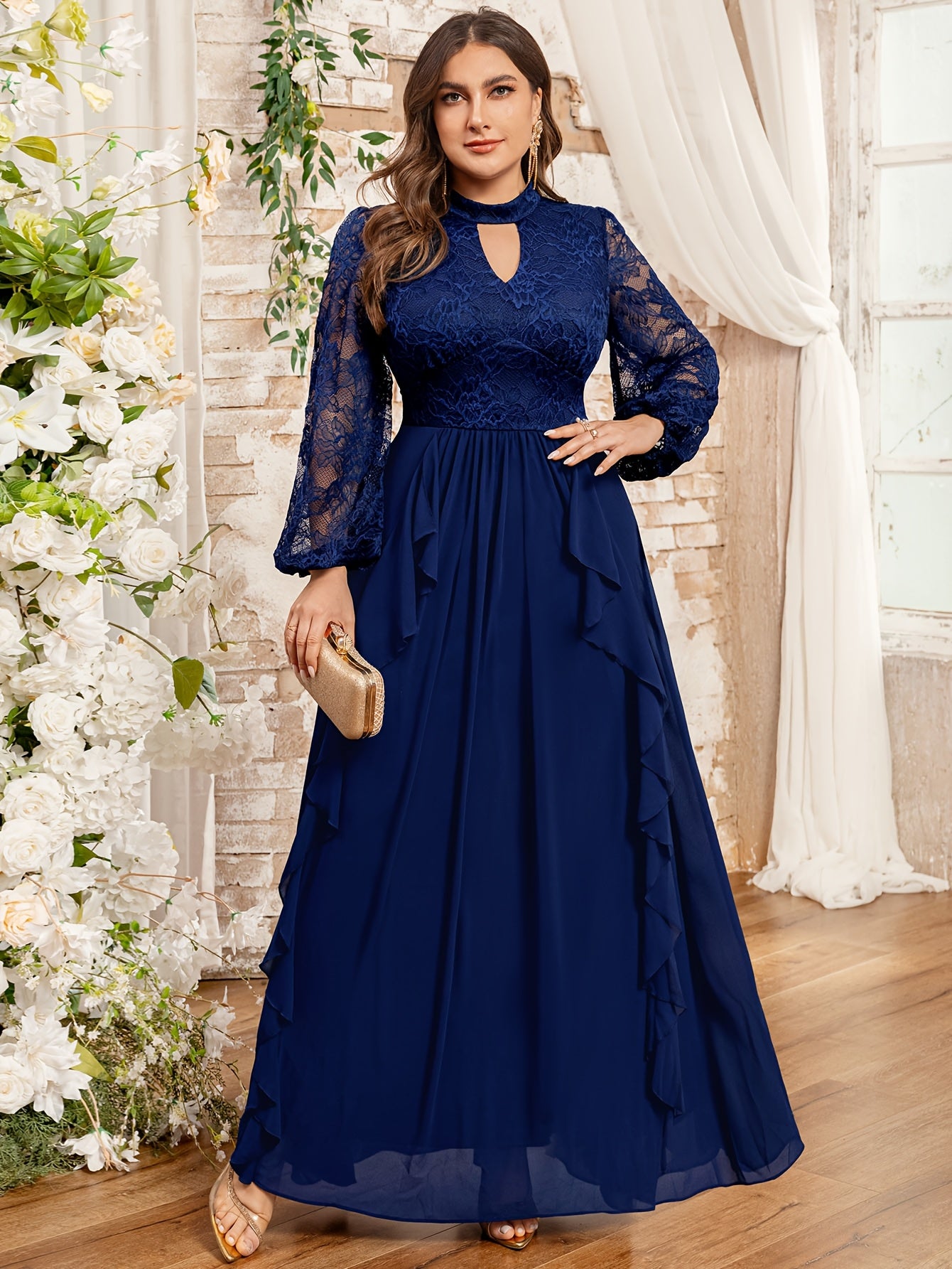 Plus Size Women Long Gown Lace Ruffled Hem Formal Evening Dress