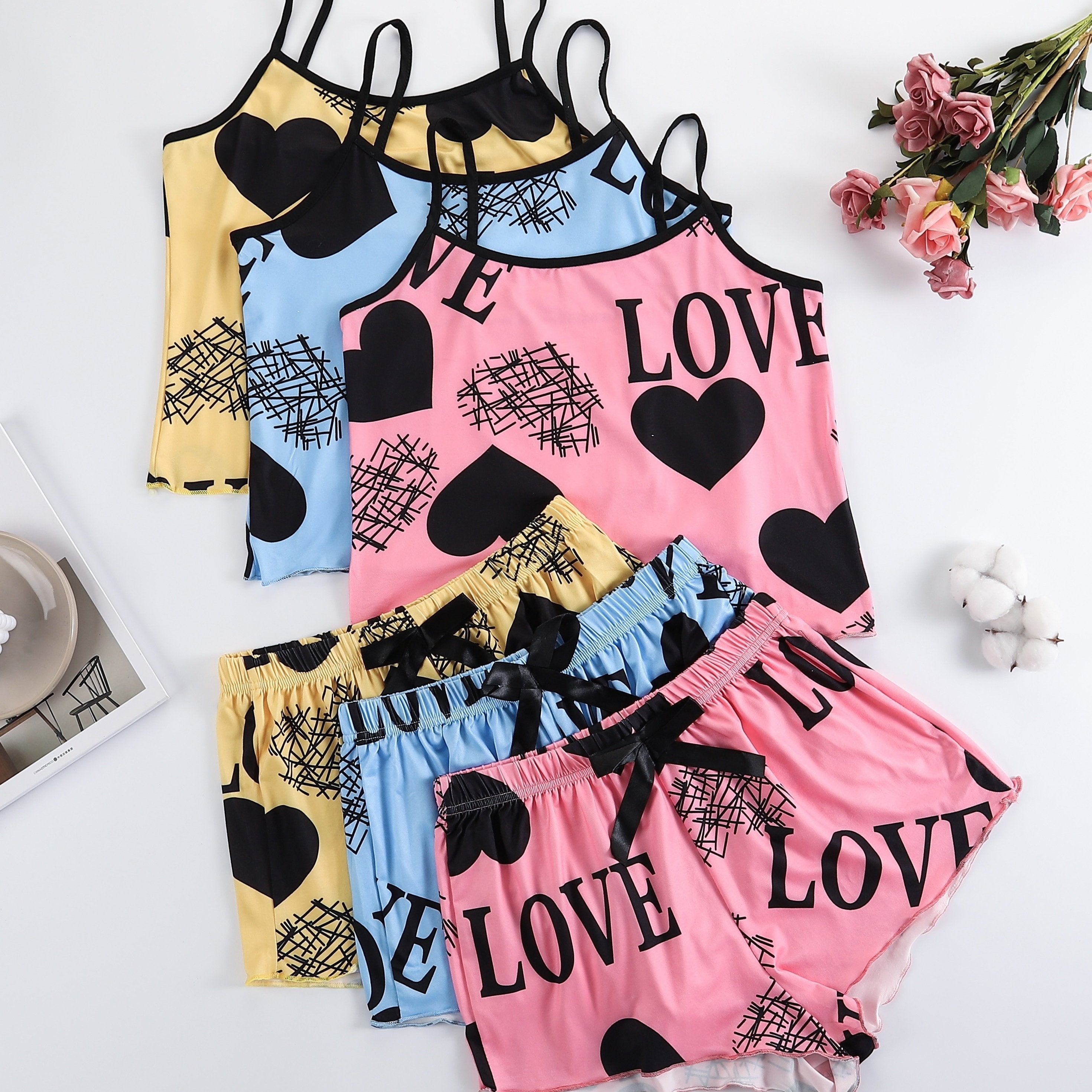 Women's Heart Print Pajama Set with Cami Top and Elastic Waist Shorts
