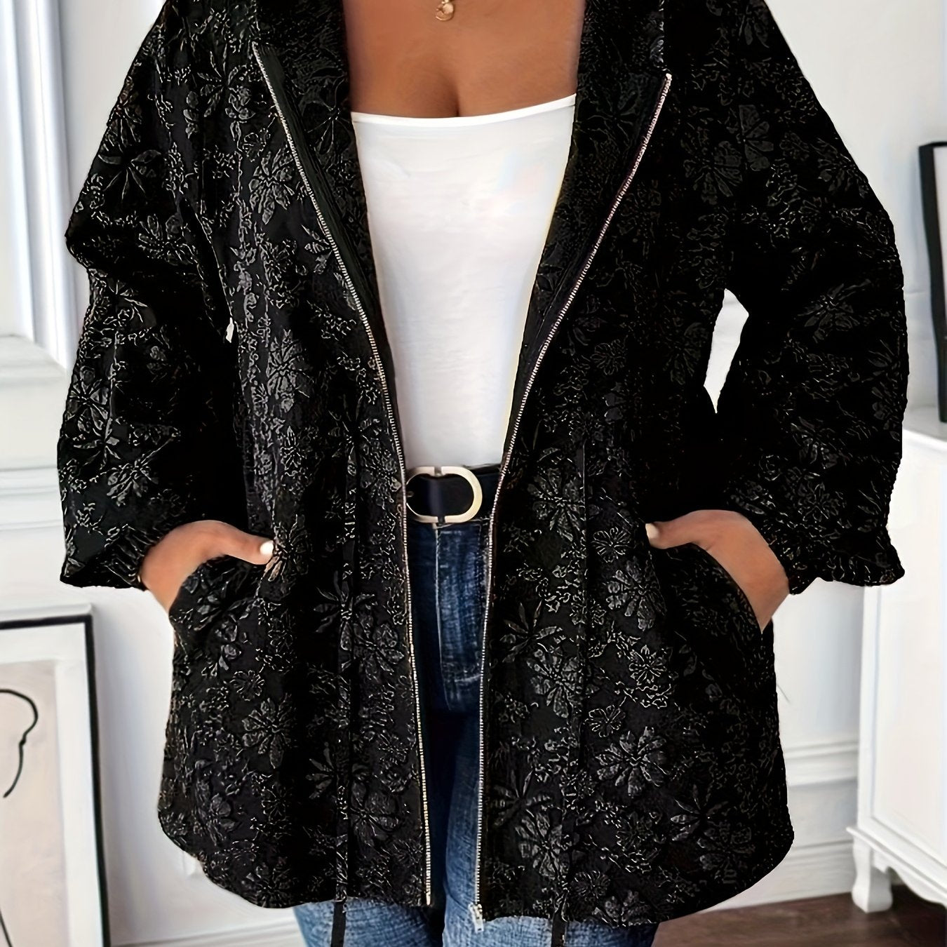 Толстовка с цветочным жаккардовым принтом для полных, с карманами и шнурком