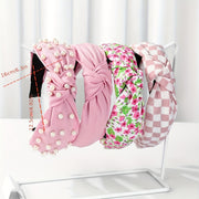 Set of 4 Women's Fabric Floral and Polka Dot Knotted Headbands with Faux Pearl Details