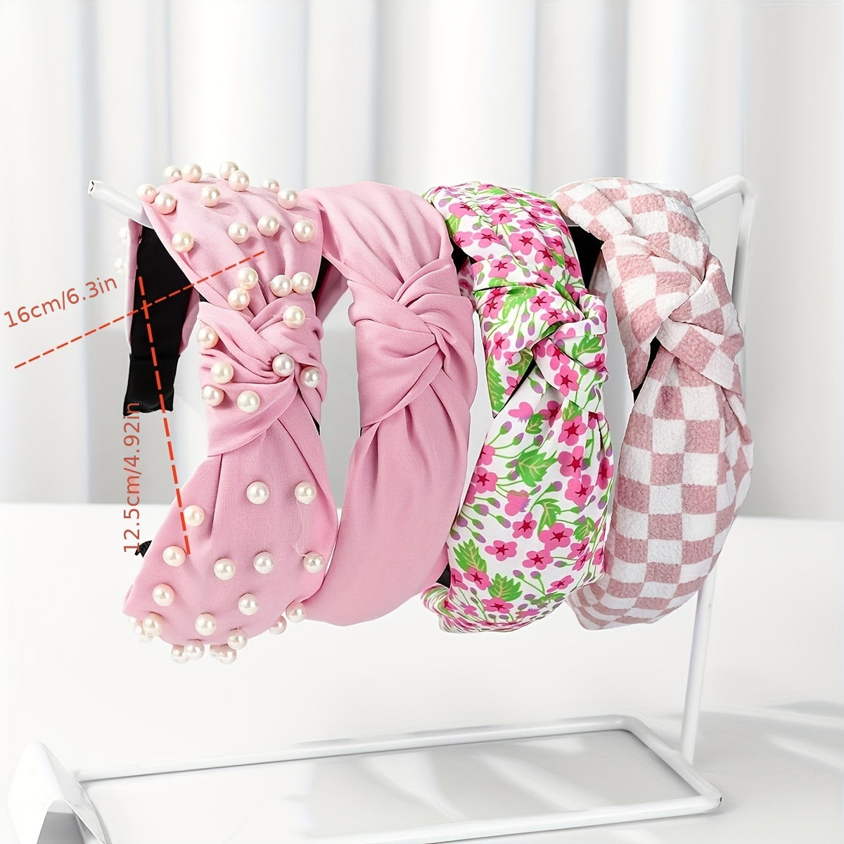 Set of 4 Women's Fabric Floral and Polka Dot Knotted Headbands with Faux Pearl Details