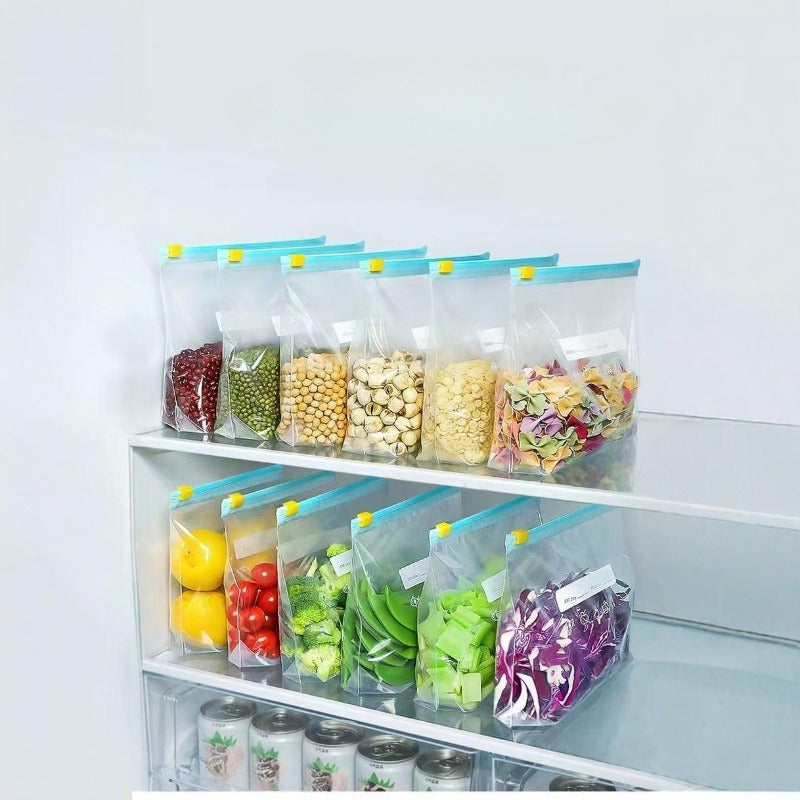 15 bolsas reutilizables para almacenamiento de alimentos con etiquetas, sellos a prueba de fugas, material PE duradero