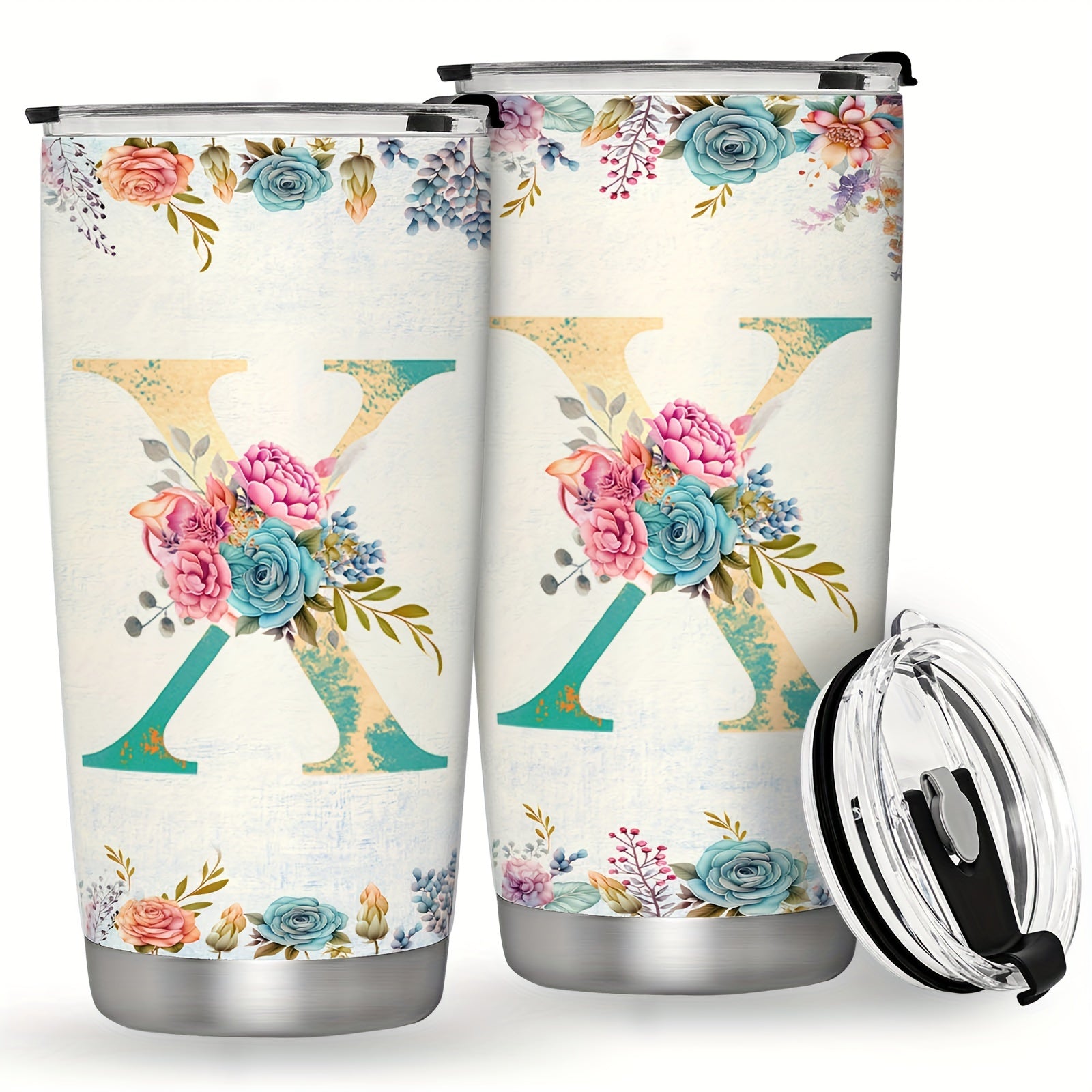 20oz Stainless Steel Tumbler with Monogram Floral Design Leak Proof Lid for Outdoor Use