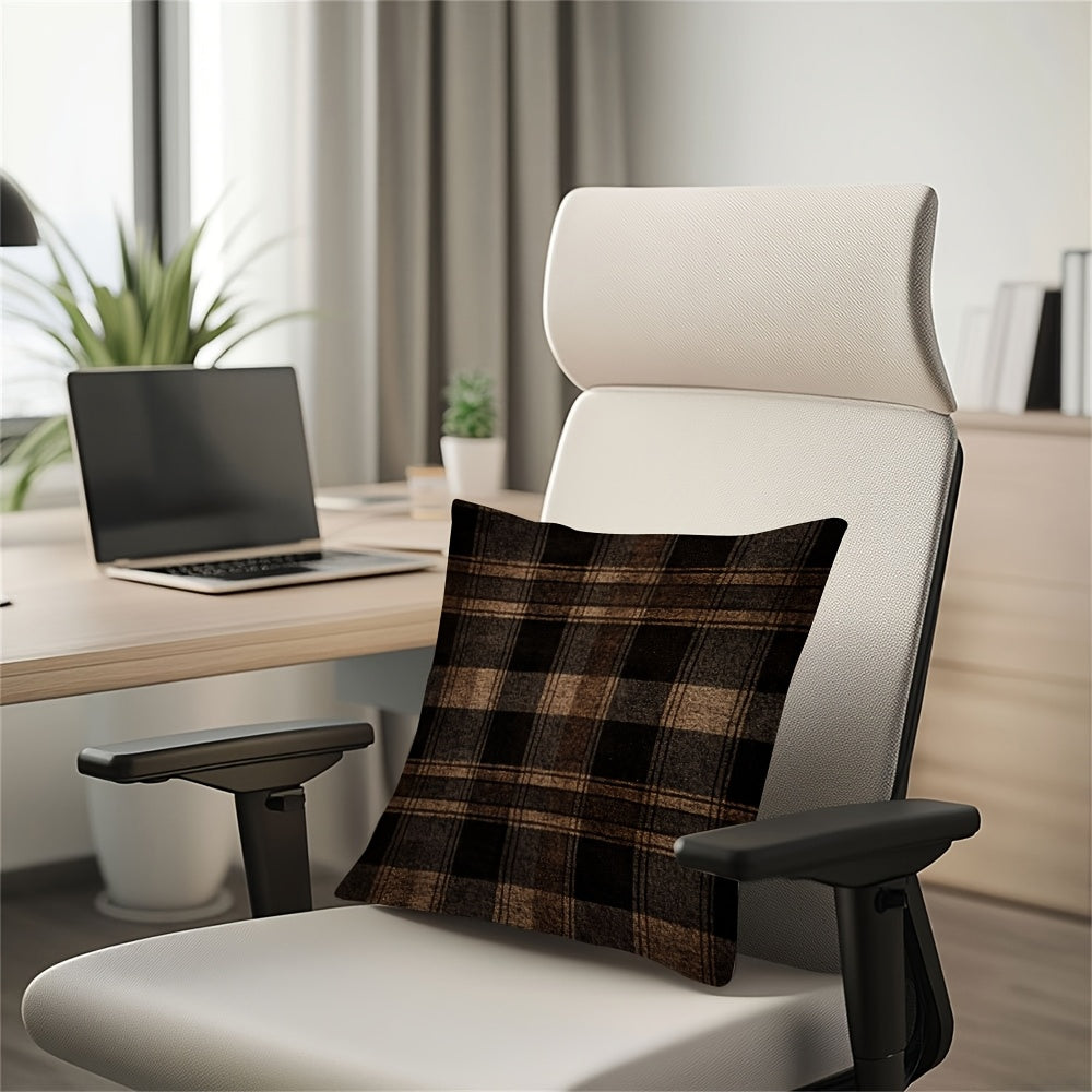 Dark Brown Plaid Pillow Cover with Hidden Zipper Polyester Fabric for Sofa and Chair