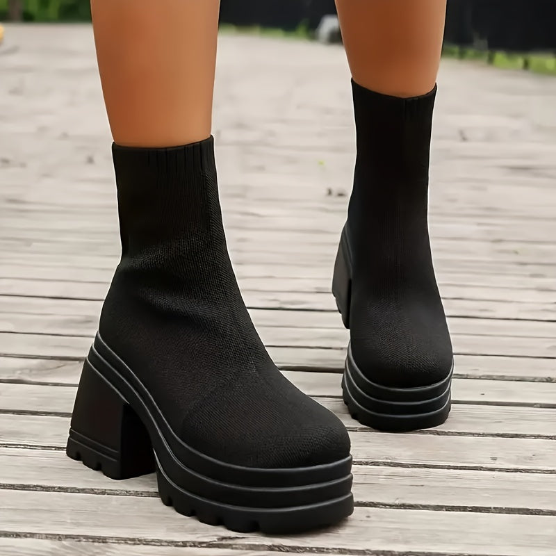 Women’s Chunky Platform Ankle Boots Black Faux Cover Slip-On High Heel