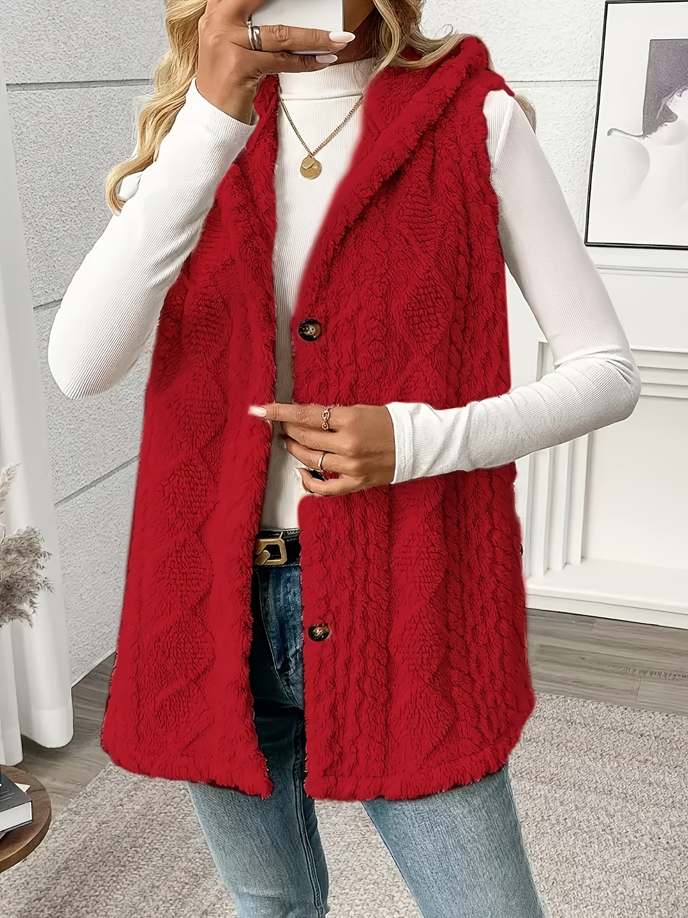 Women's Sleeveless Hooded Vest Solid Color Plush Texture Button Fall Winter Knit Fabric