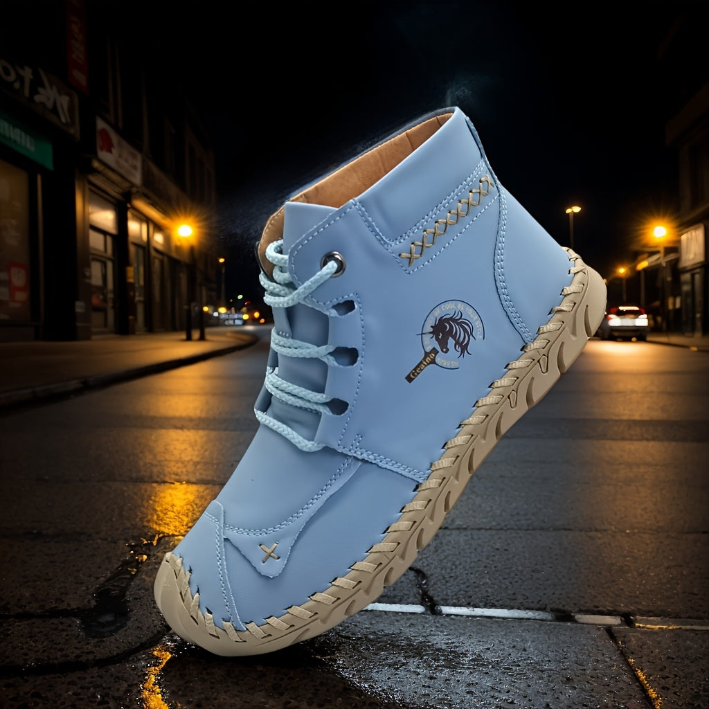 Women's Vintage-Inspired High-Top Lace-Up Boots with Flat Heel