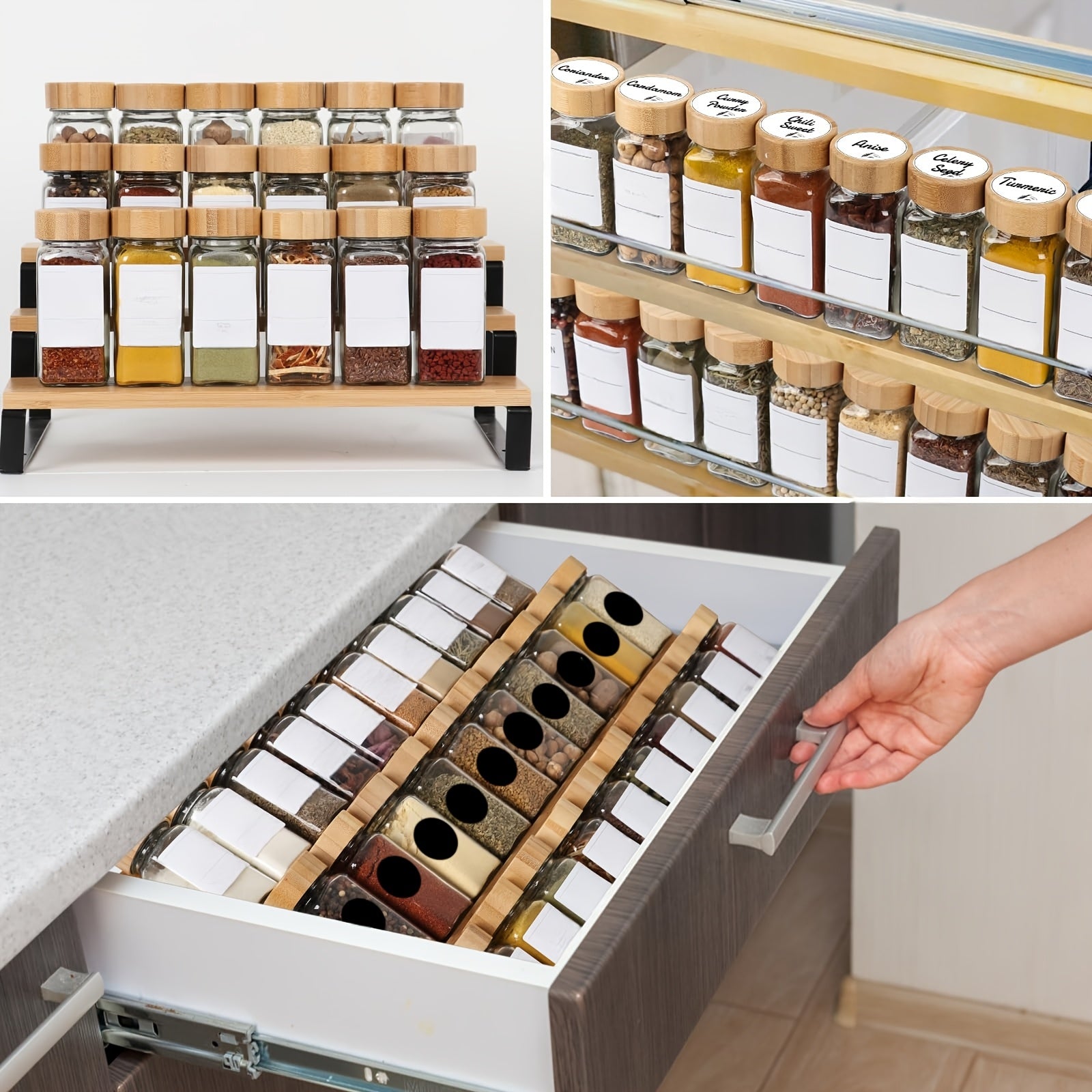 12-Donali shisha ziravorlar bankasi to'plami, bambuk qopqog'lar, yorliqlar va filtri bilan, havo o'tkazmaydigan oshxona saqlash uchun