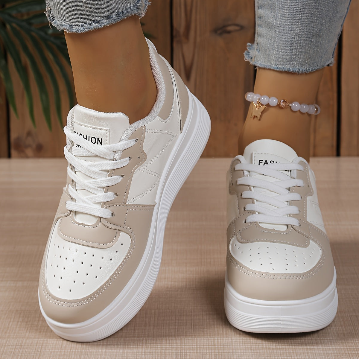 Women's White Low-Top Lace-Up Sneakers Casual Breathable Fabric Rubber Sole