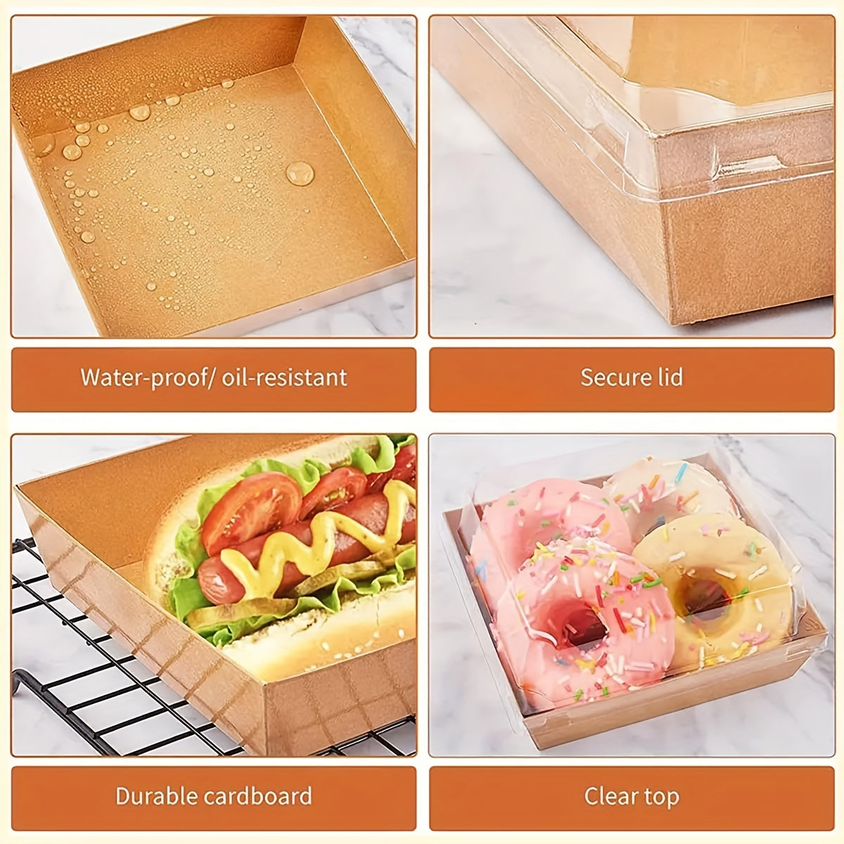 Peshana, sendvich, pechenelar uchun 50 ta shaffof qopqog'li qog'oz charcuterie qutilari