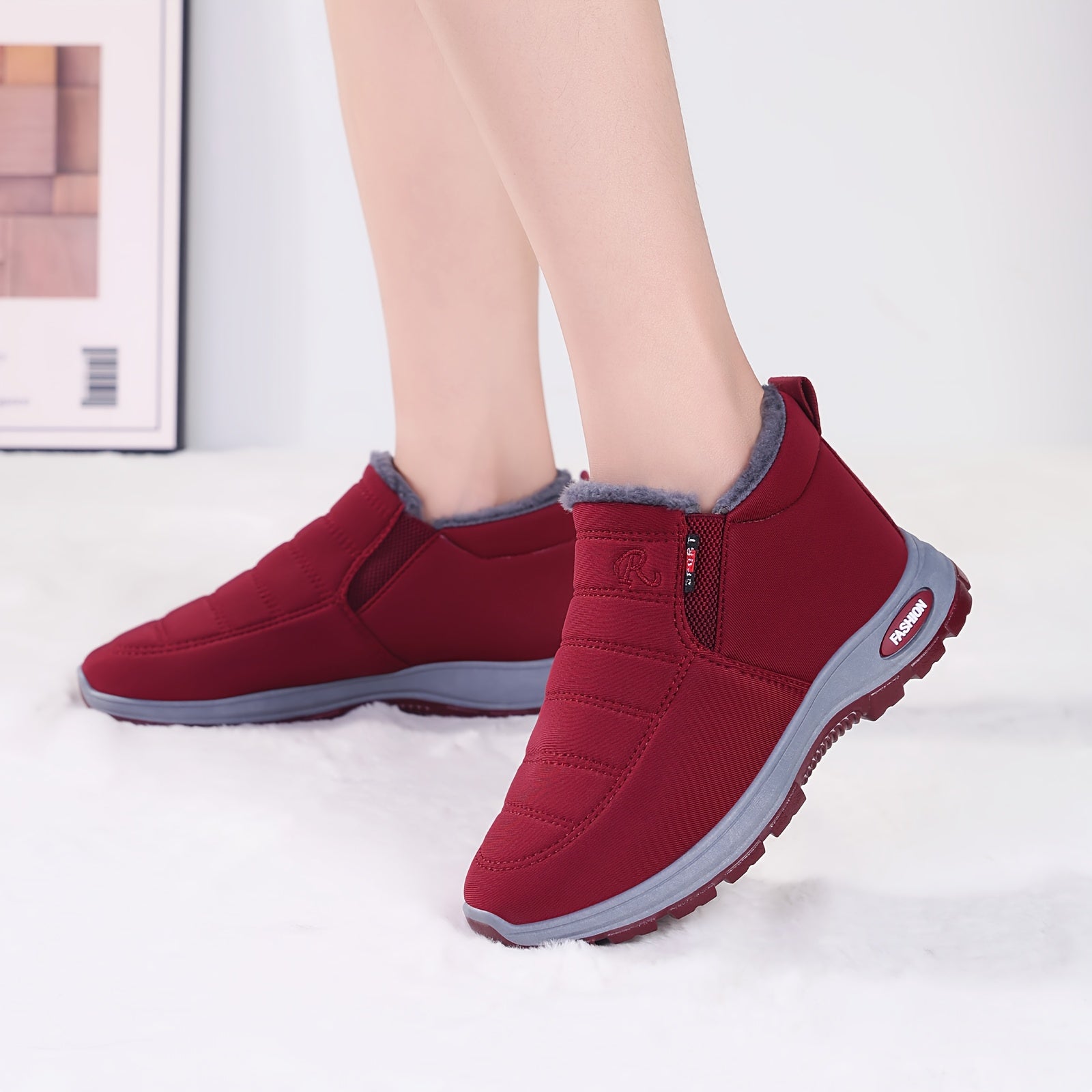 Women's Fleece-Lined Ankle Boots Lightweight Warm Maroon Casual