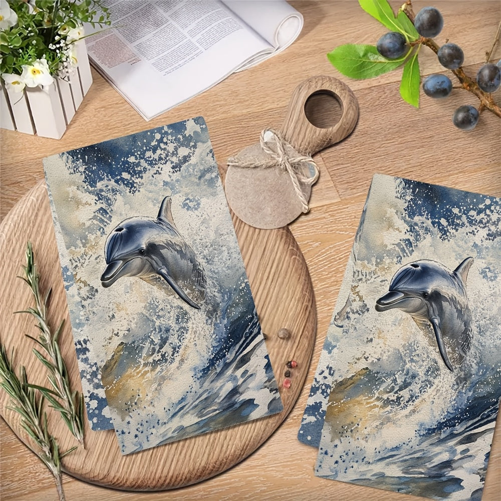 Набор из 2 ультрамягких кухонных полотенец с игривым дизайном всплеска дельфина, отличная впитываемость и идеально подходят для машинной стирки, декор в прибрежном стиле, размер: 40,64x60,96 см, полотенца для посуды.