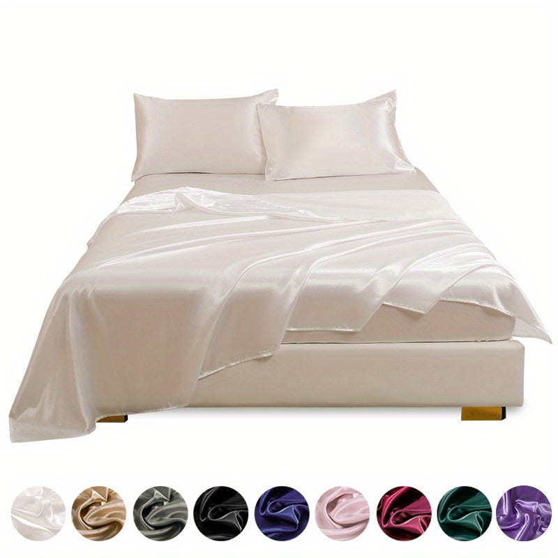 Polyester Satin Fitted Sheet Set 4 Pieces Includes Pillowcases Available in Twin Full Queen King