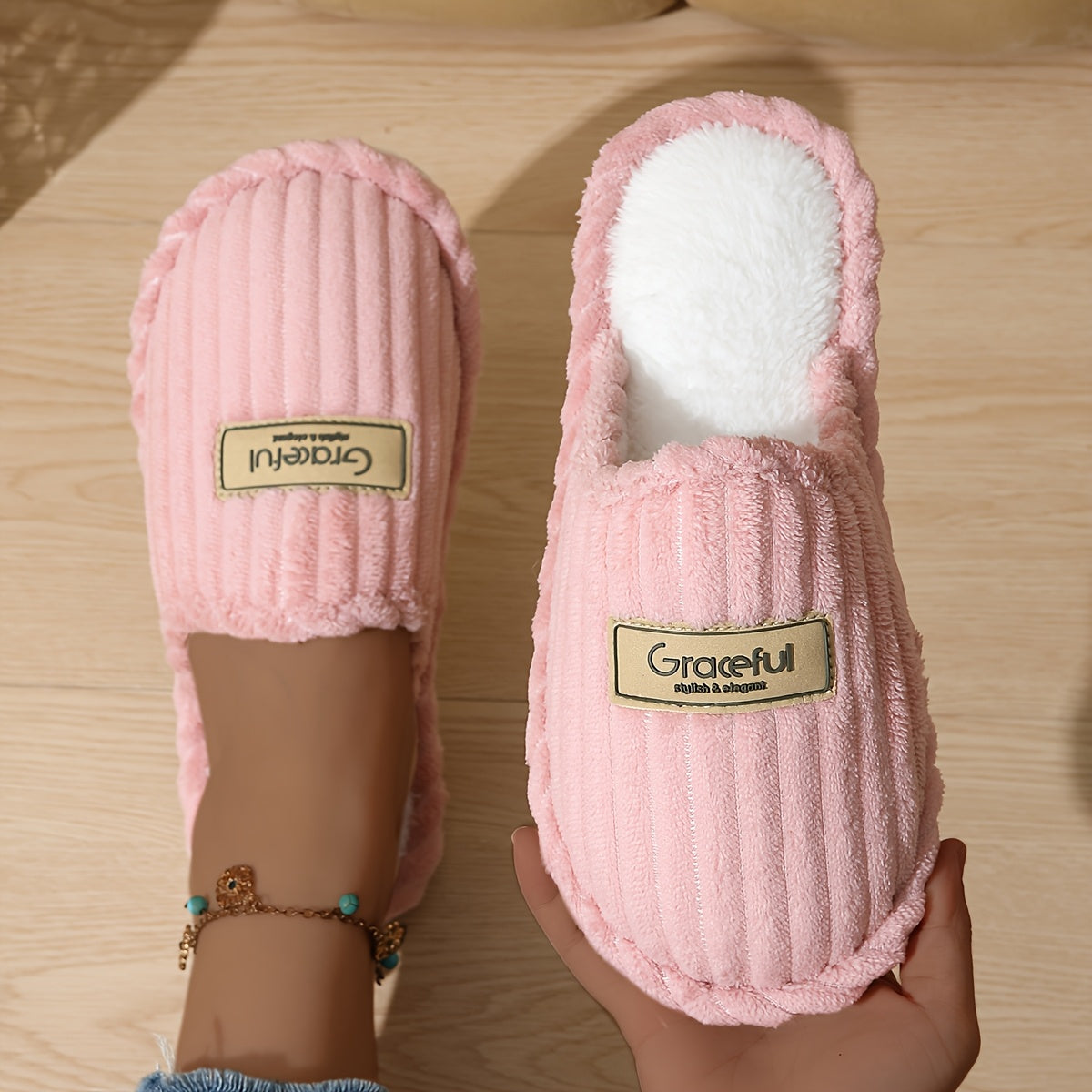 Women's Fleece Slippers with Striped Pattern Indoor/outdoor Non-slip Plush Sole