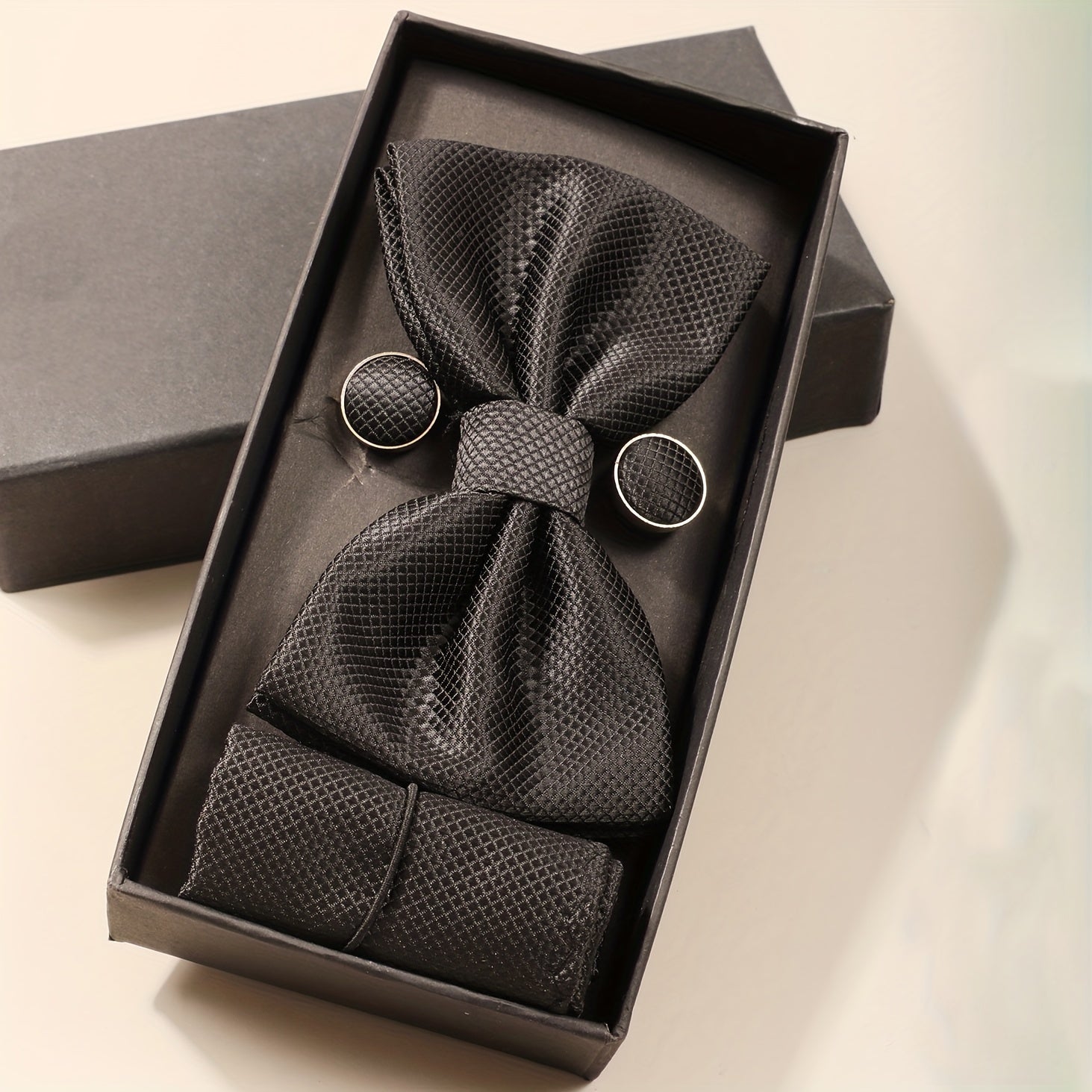 Men's Formal Wedding Bow Tie Set with Pocket Square and Cufflinks