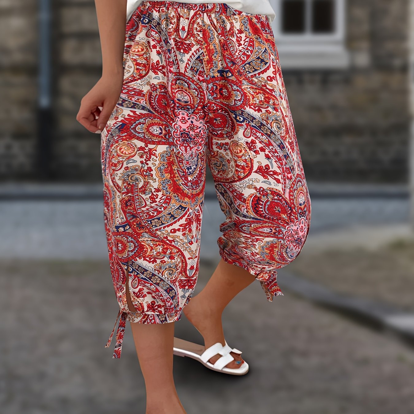 Plus Size Women's Floral Wide Leg Waist-Cinched Split Pants