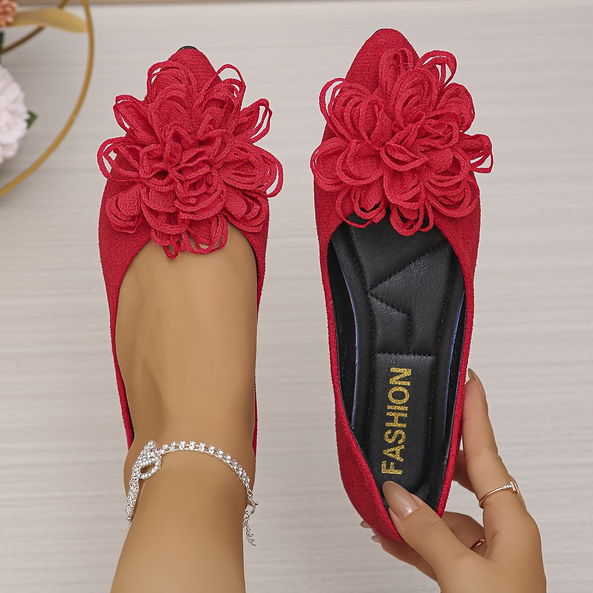 Women's Pink Flower Slip-On Flats Low Heel Summer Shoes