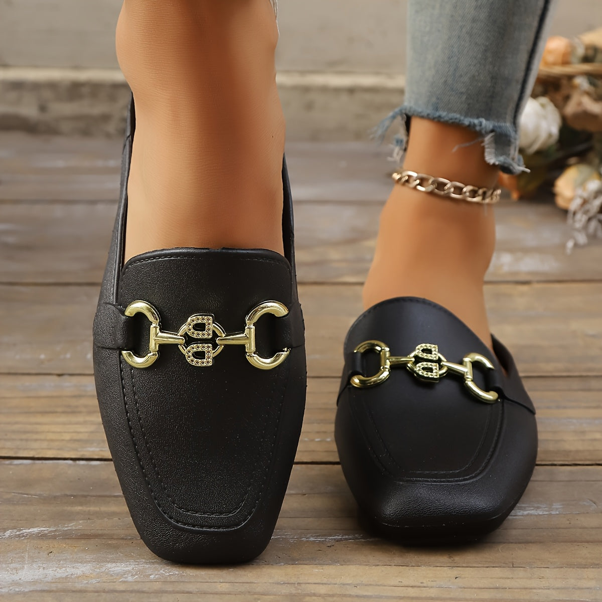 Women's Square Toe Slip-On Flats Breathable TPU Casual Shoes with Gold Chain