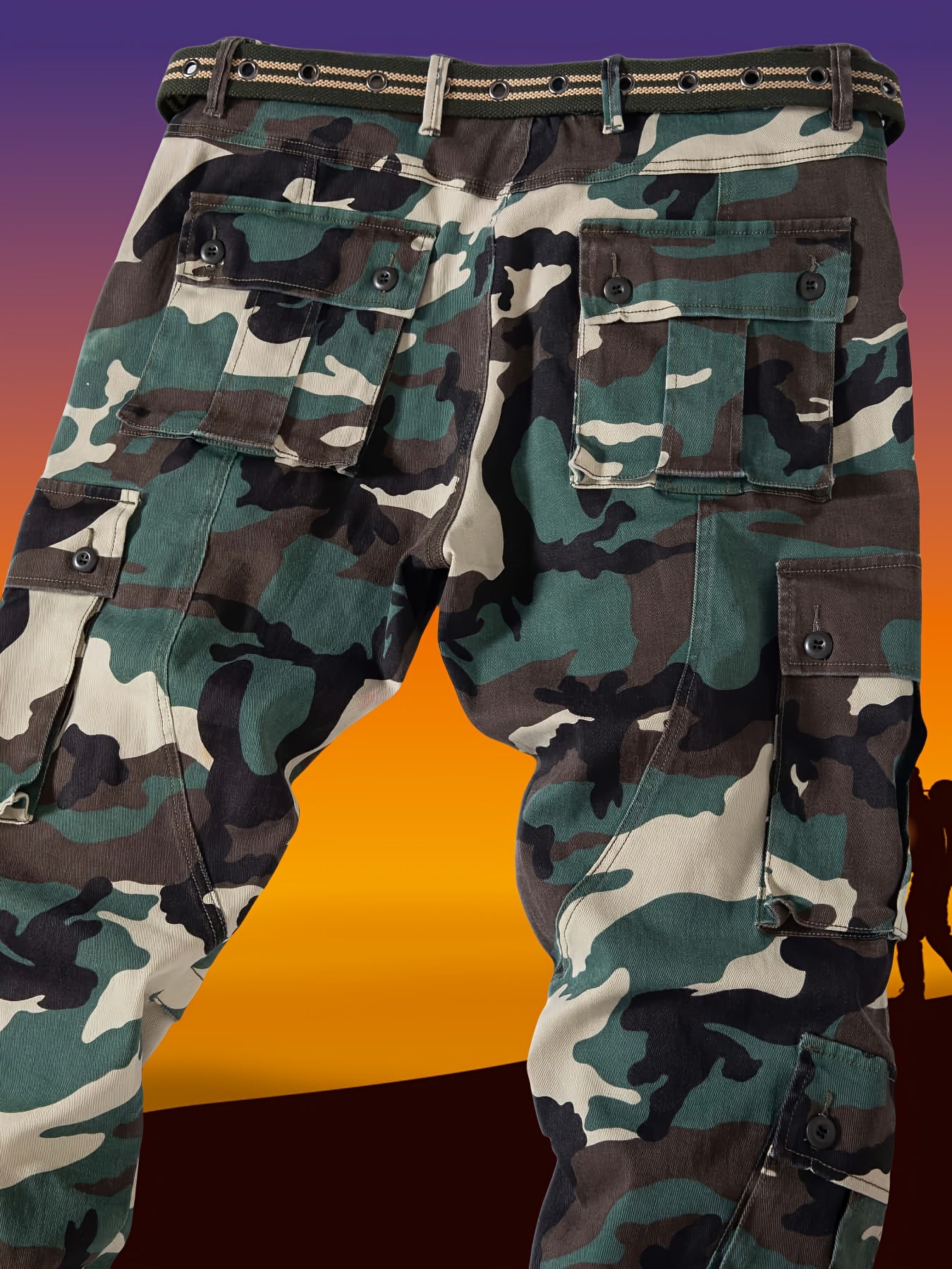 Pantalones cargo de talla grande para hombre con estampado de camuflaje, múltiples bolsillos y cintura con cordón en camuflaje verde militar