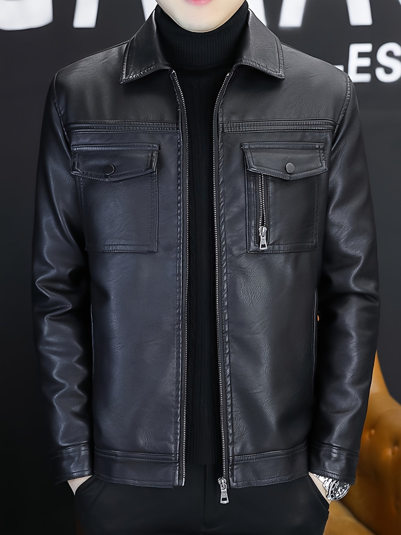 Men's Black Leather Jacket with Zipper Pockets Long Sleeves Lapel Collar Fall Winter Fashion