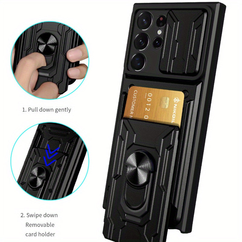 Mobile Phone Case with Sliding Camera Cover Card Holder Shockproof for Galaxy S22 Ultra A73