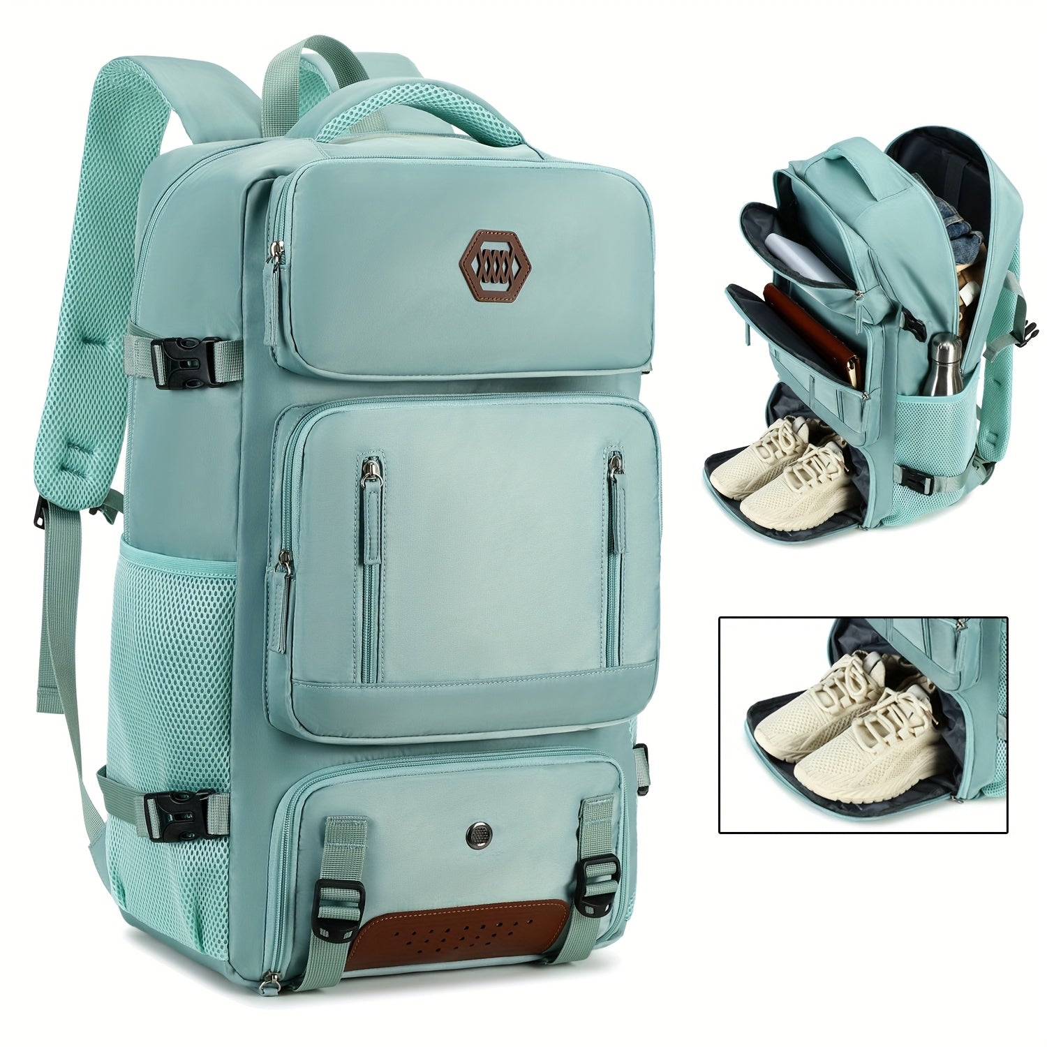 Light Blue Travel Backpack with 43.94cm Laptop Compartment Shoe Pocket Mesh Ventilation